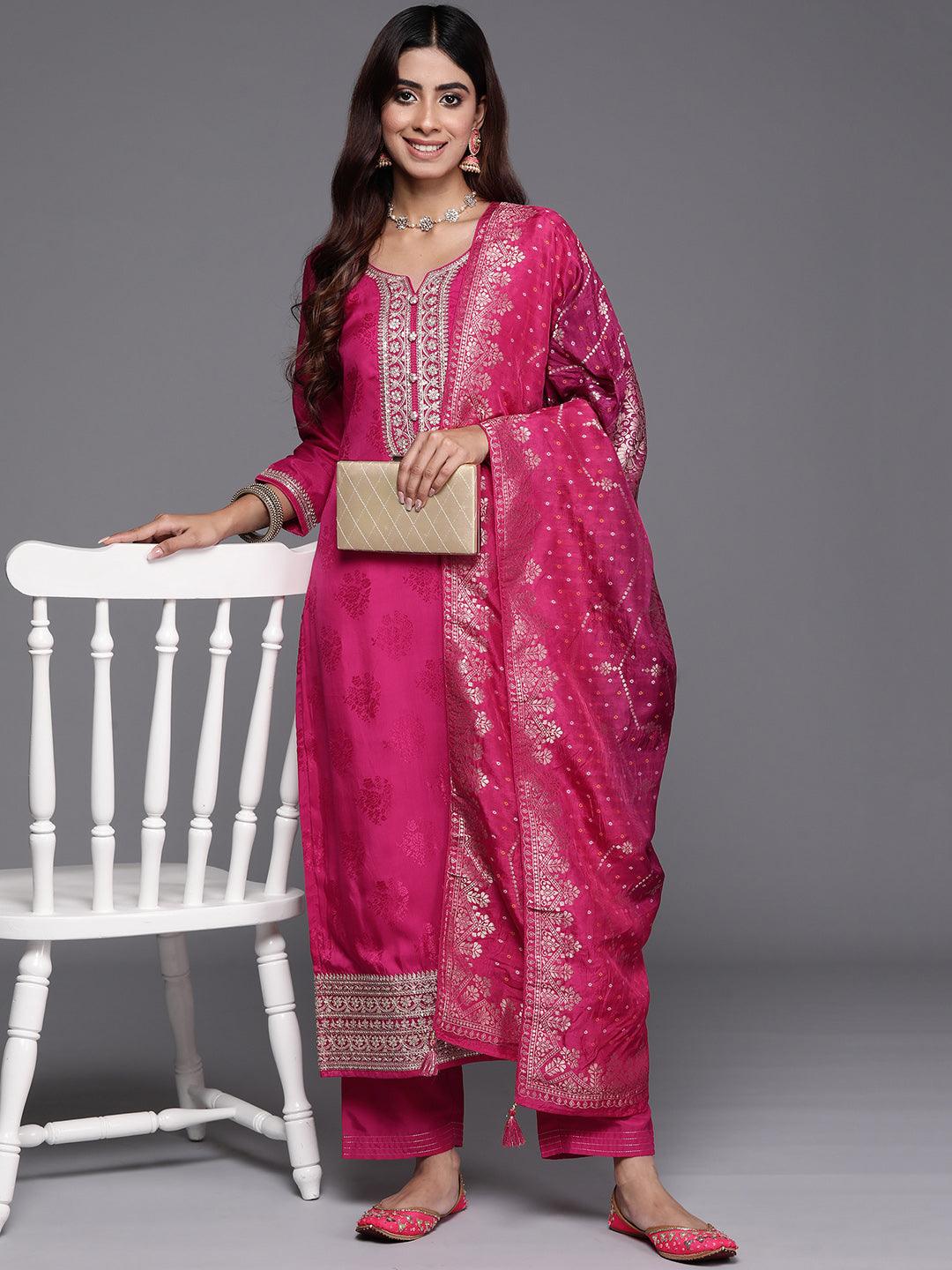 Pink Yoke Design Silk Blend Straight Suit With Dupatta