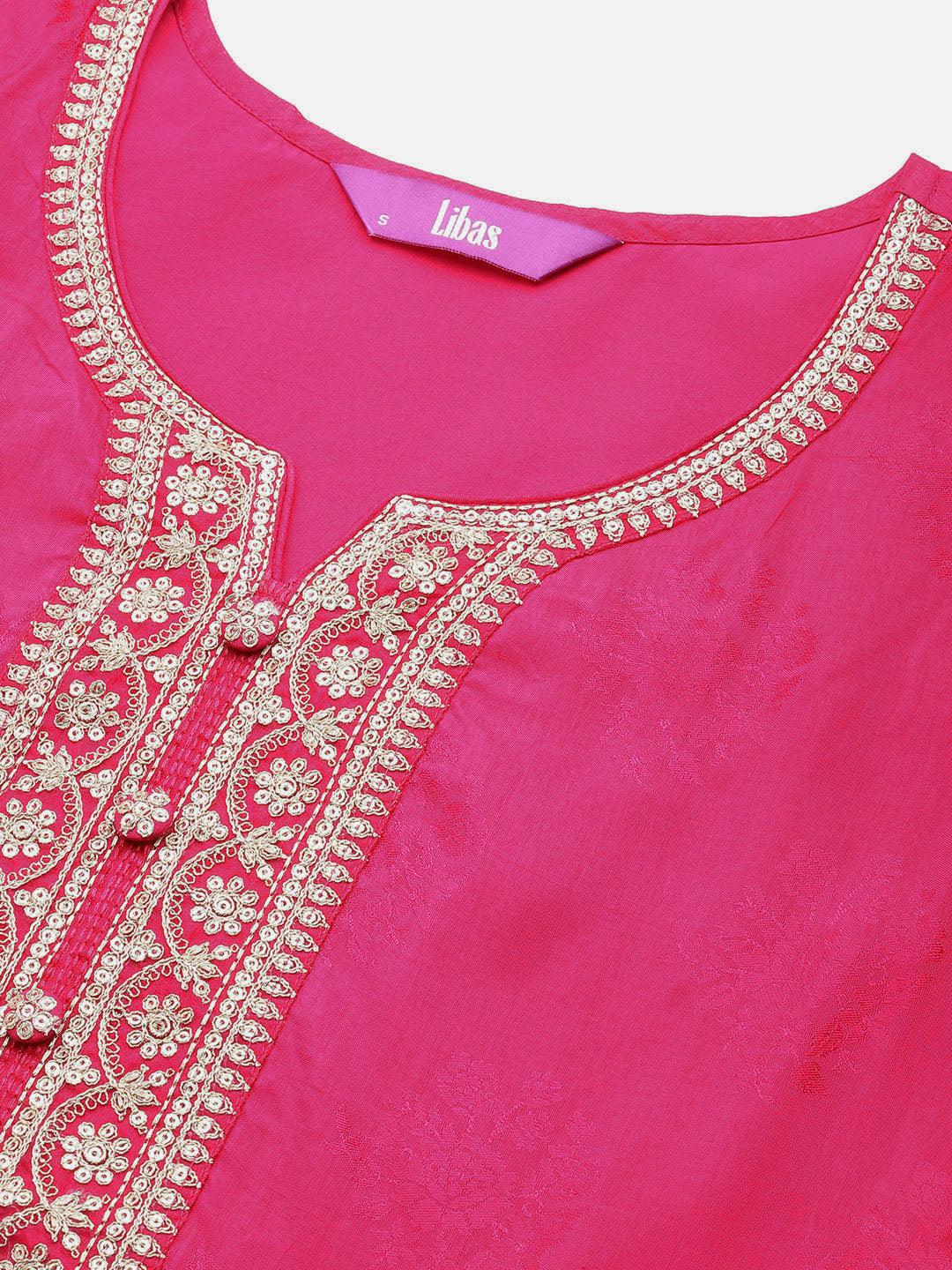 Pink Yoke Design Silk Blend Straight Suit With Dupatta