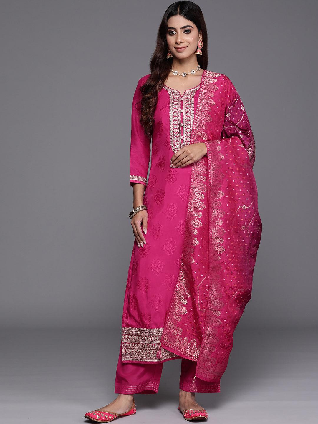 Pink Yoke Design Silk Blend Straight Suit With Dupatta