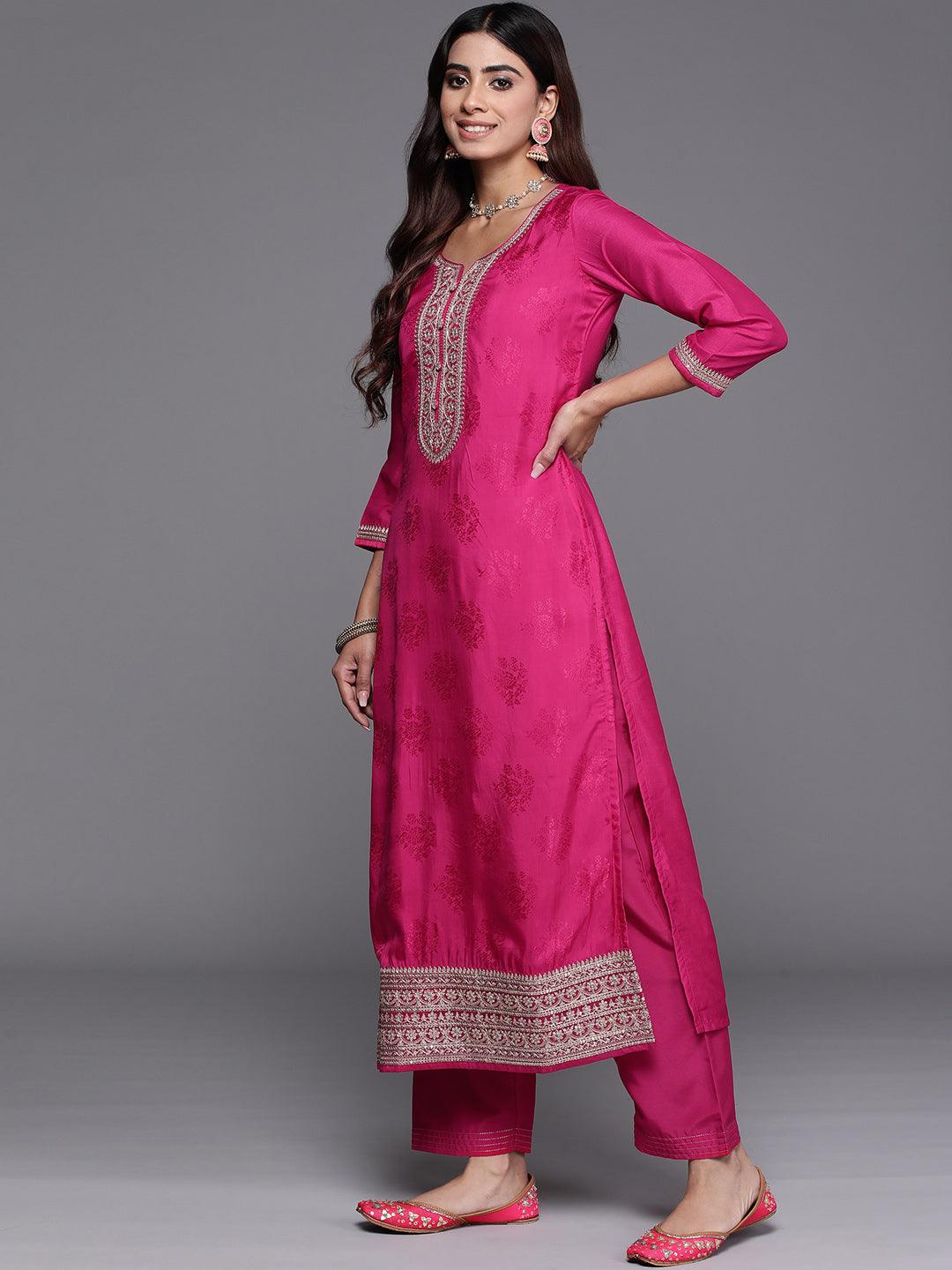 Pink Yoke Design Silk Blend Straight Suit With Dupatta