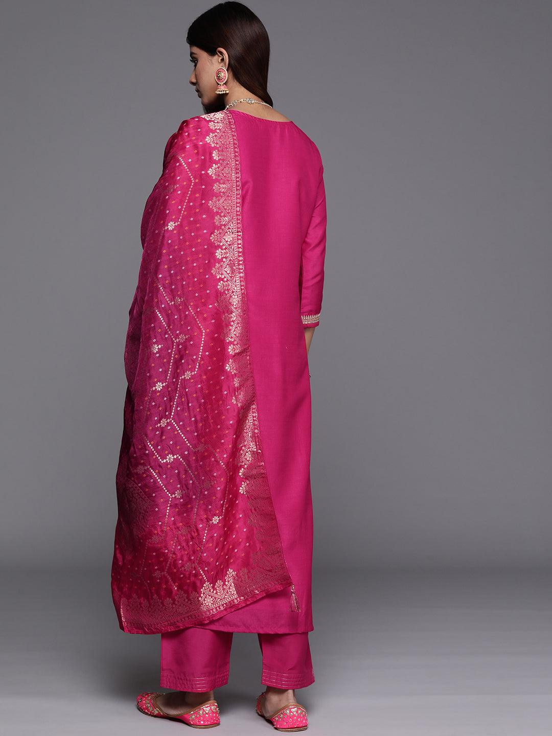 Pink Yoke Design Silk Blend Straight Suit With Dupatta