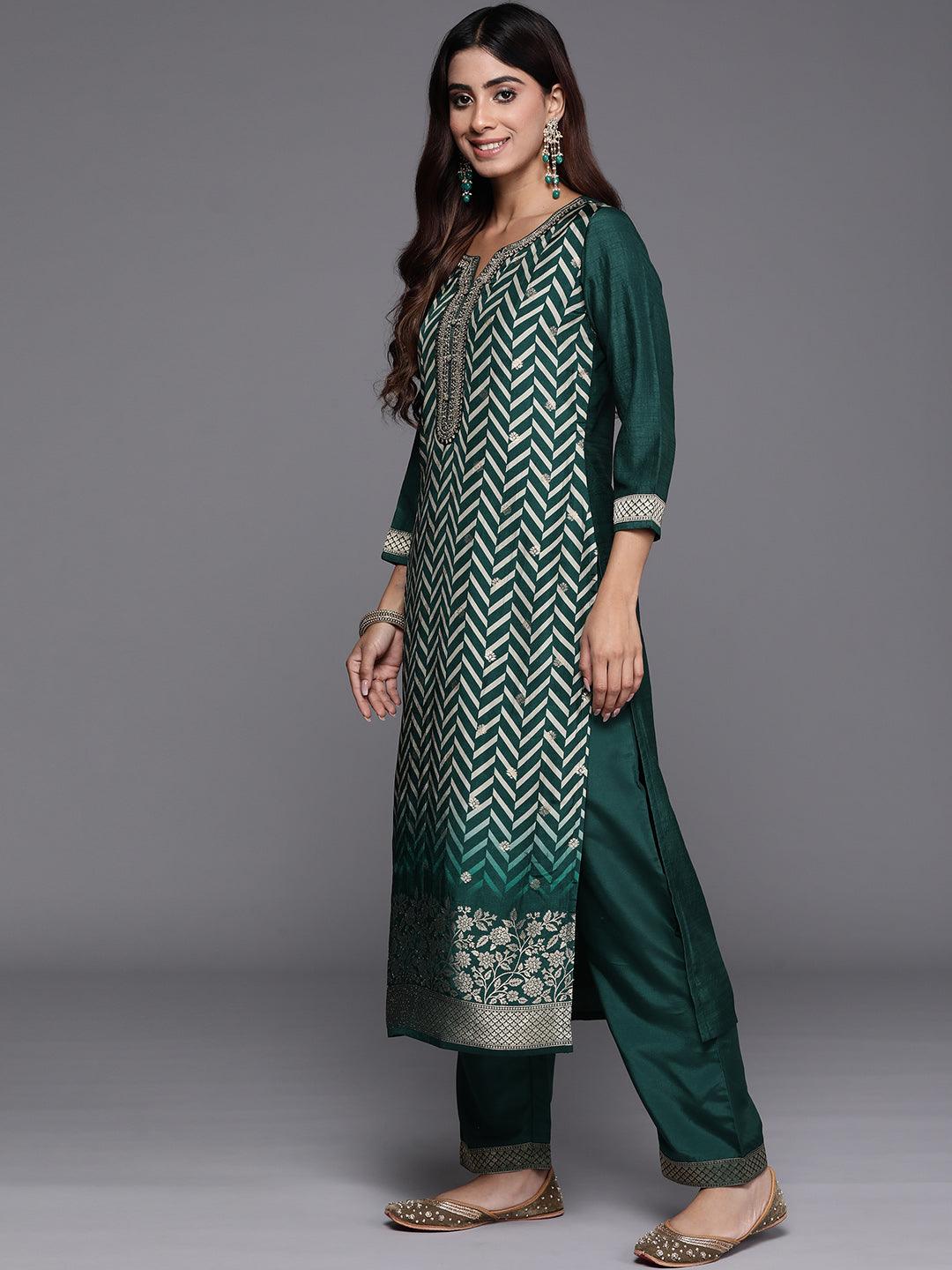 Green Printed Silk Blend Straight Suit With Dupatta