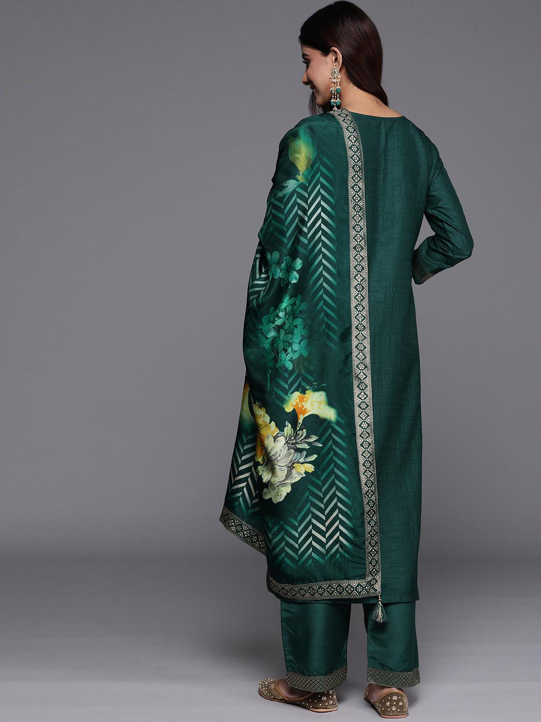 Green Printed Silk Blend Straight Kurta With Palazzos & Dupatta - ShopLibas