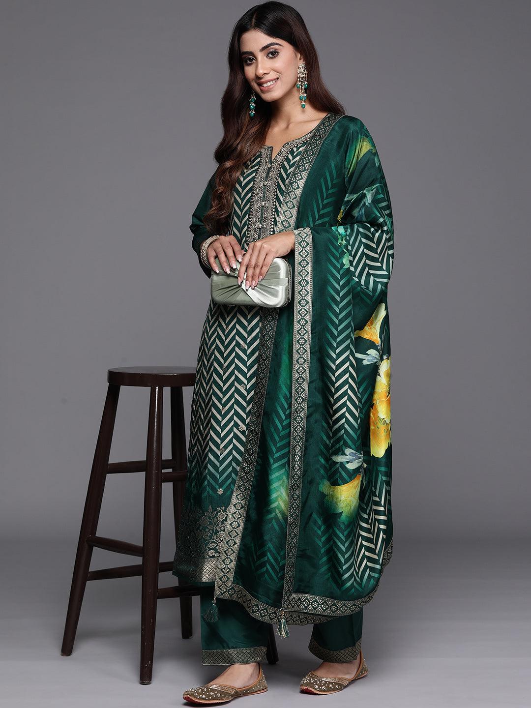 Green Printed Silk Blend Straight Kurta With Palazzos & Dupatta - ShopLibas