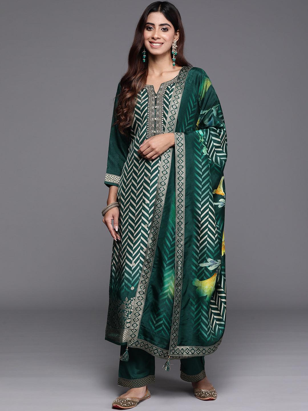 Green Printed Silk Blend Straight Kurta With Palazzos & Dupatta - ShopLibas