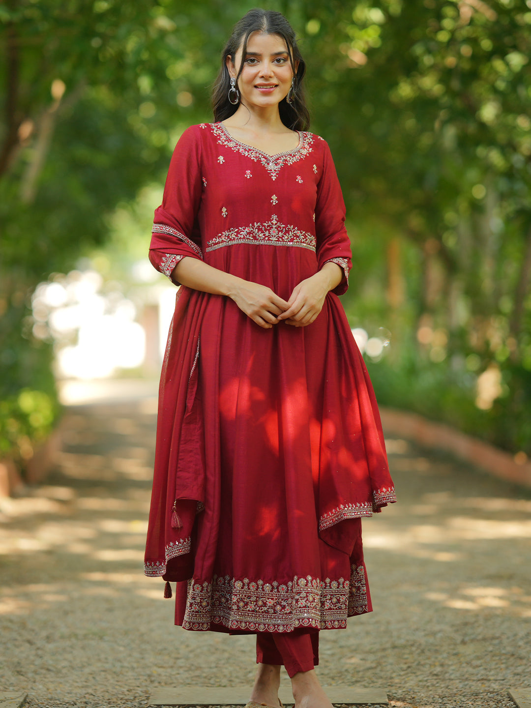 Maroon Embroidered Silk Blend Anarkali Suit With Dupatta