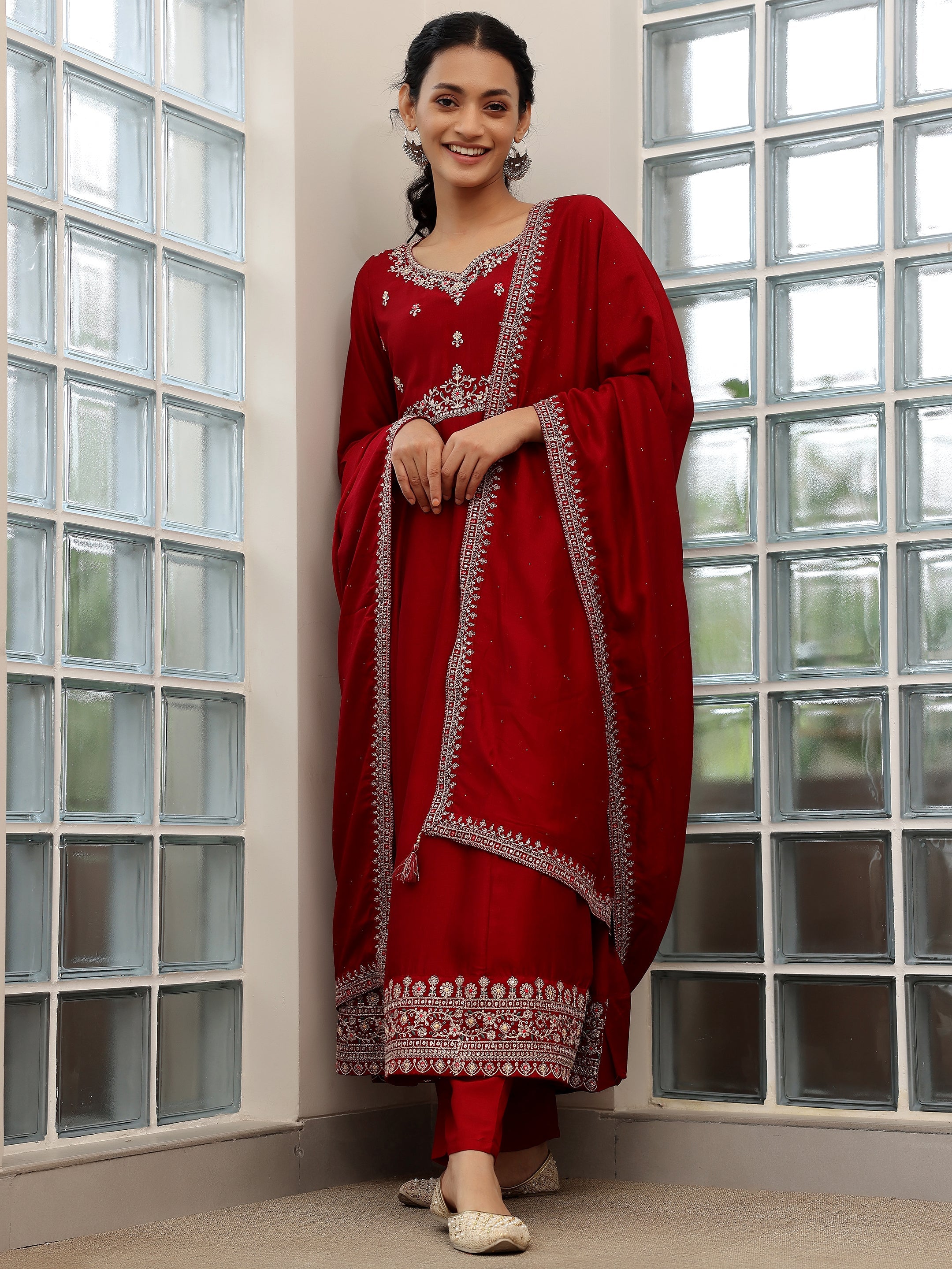 Maroon Embroidered Silk Blend Anarkali Suit With Dupatta