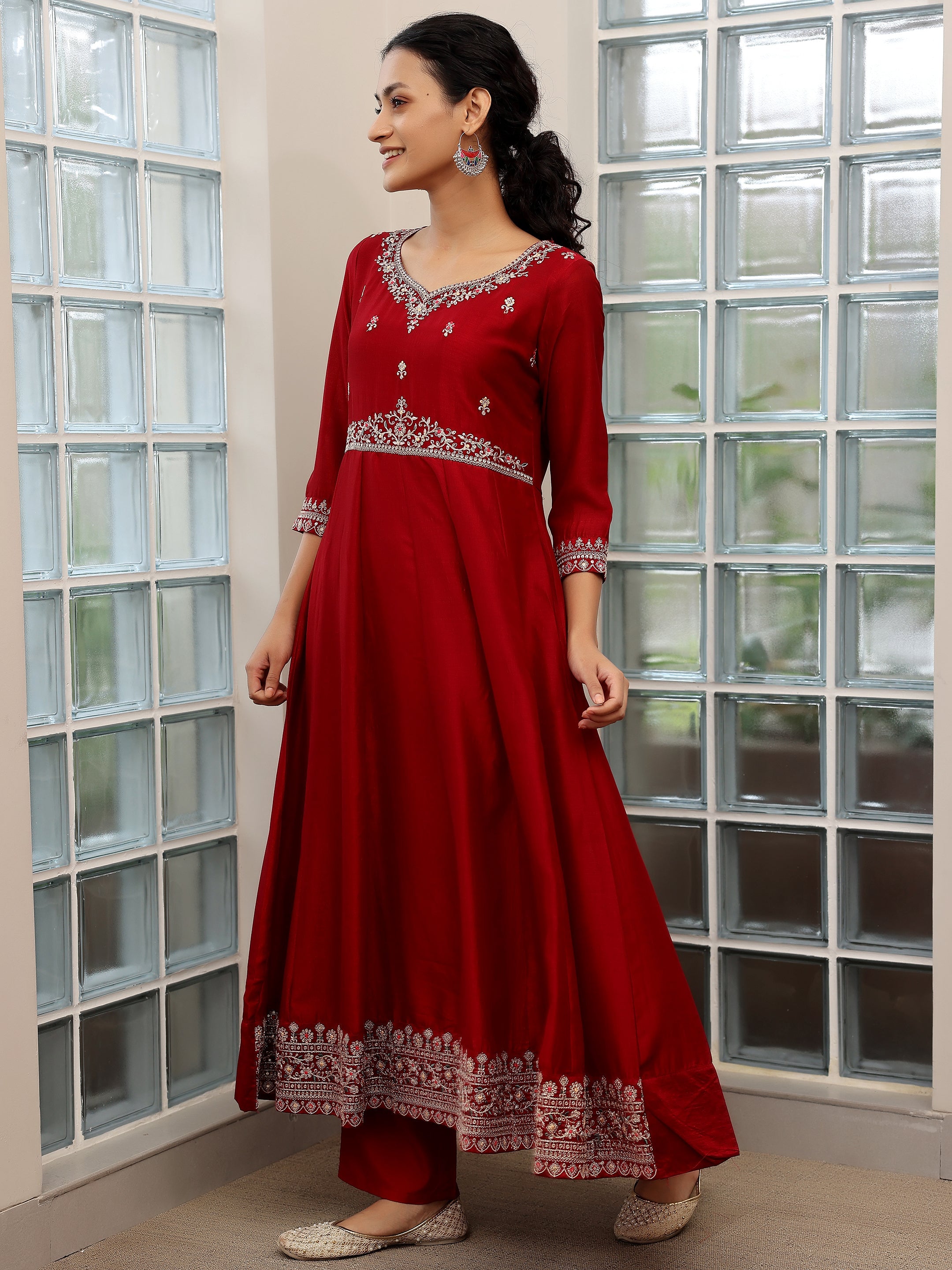 Maroon Embroidered Silk Blend Anarkali Suit With Dupatta