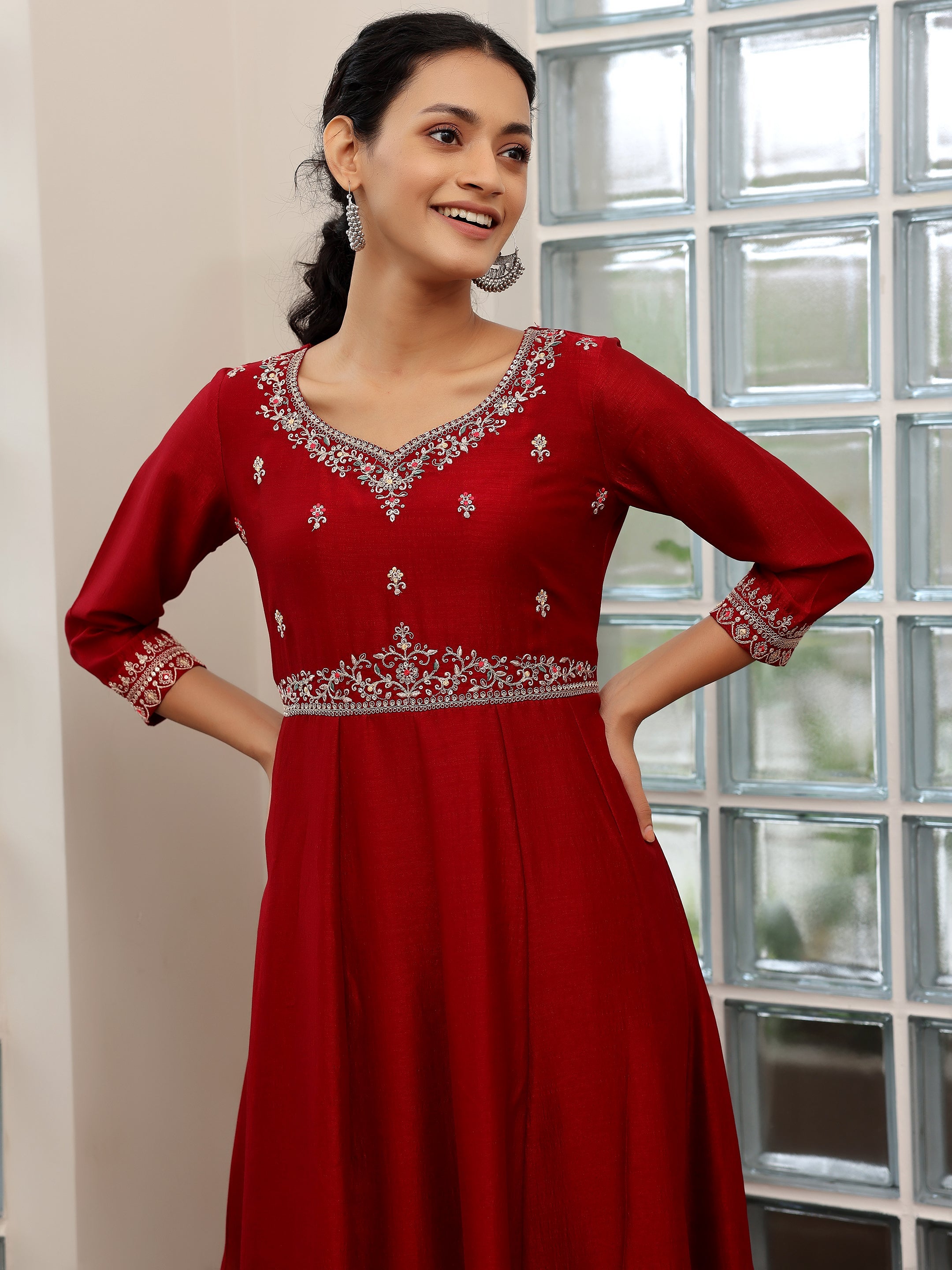 Maroon Embroidered Silk Blend Anarkali Suit With Dupatta