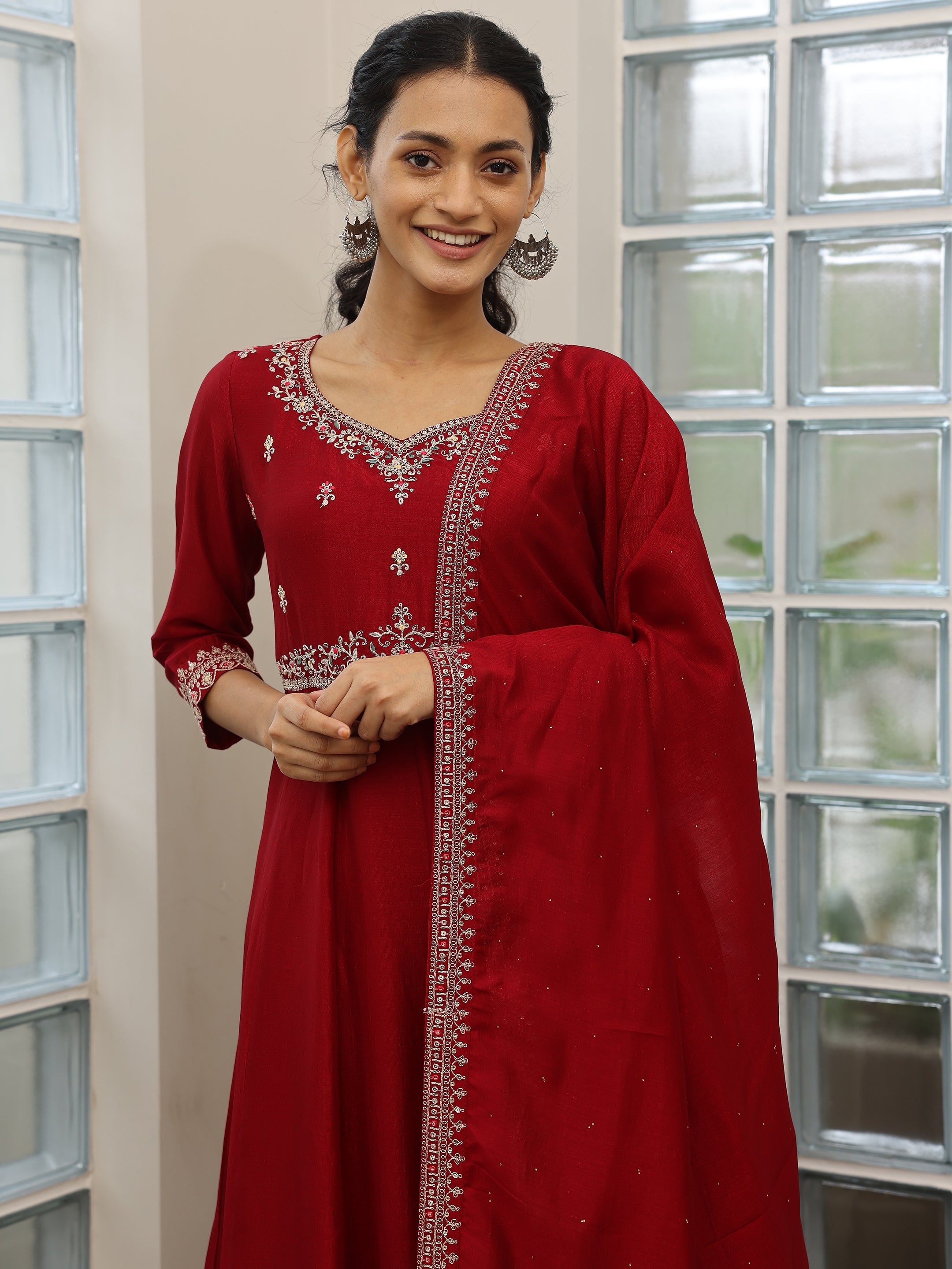 Maroon Embroidered Silk Blend Anarkali Suit With Dupatta