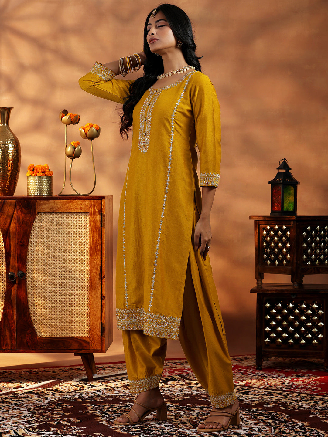 Mustard Embroidered Silk Blend Straight Suit With Dupatta