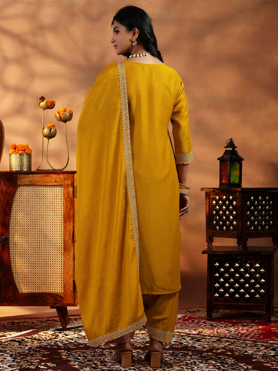 Mustard Embroidered Silk Blend Straight Suit With Dupatta