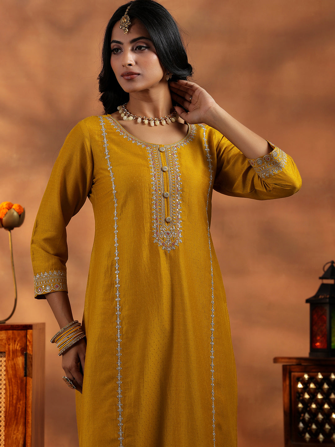 Mustard Embroidered Silk Blend Straight Suit With Dupatta