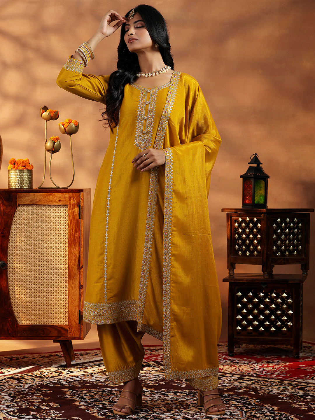 Mustard Embroidered Silk Blend Straight Suit With Dupatta