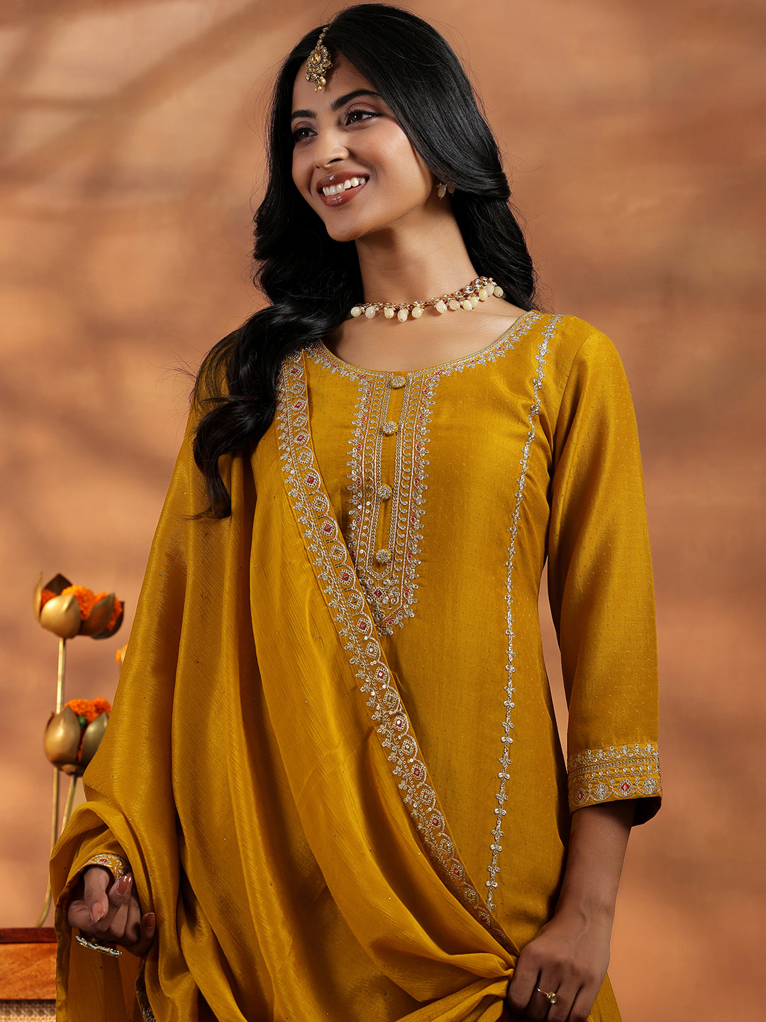 Mustard Embroidered Silk Blend Straight Suit With Dupatta