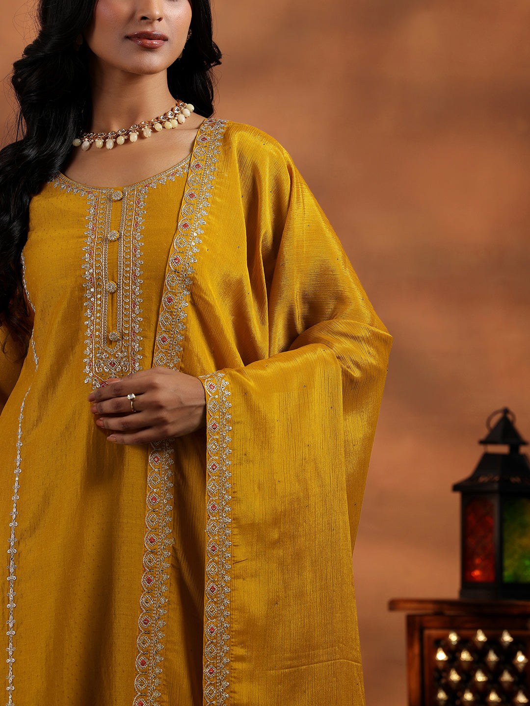 Mustard Embroidered Silk Blend Straight Suit With Dupatta