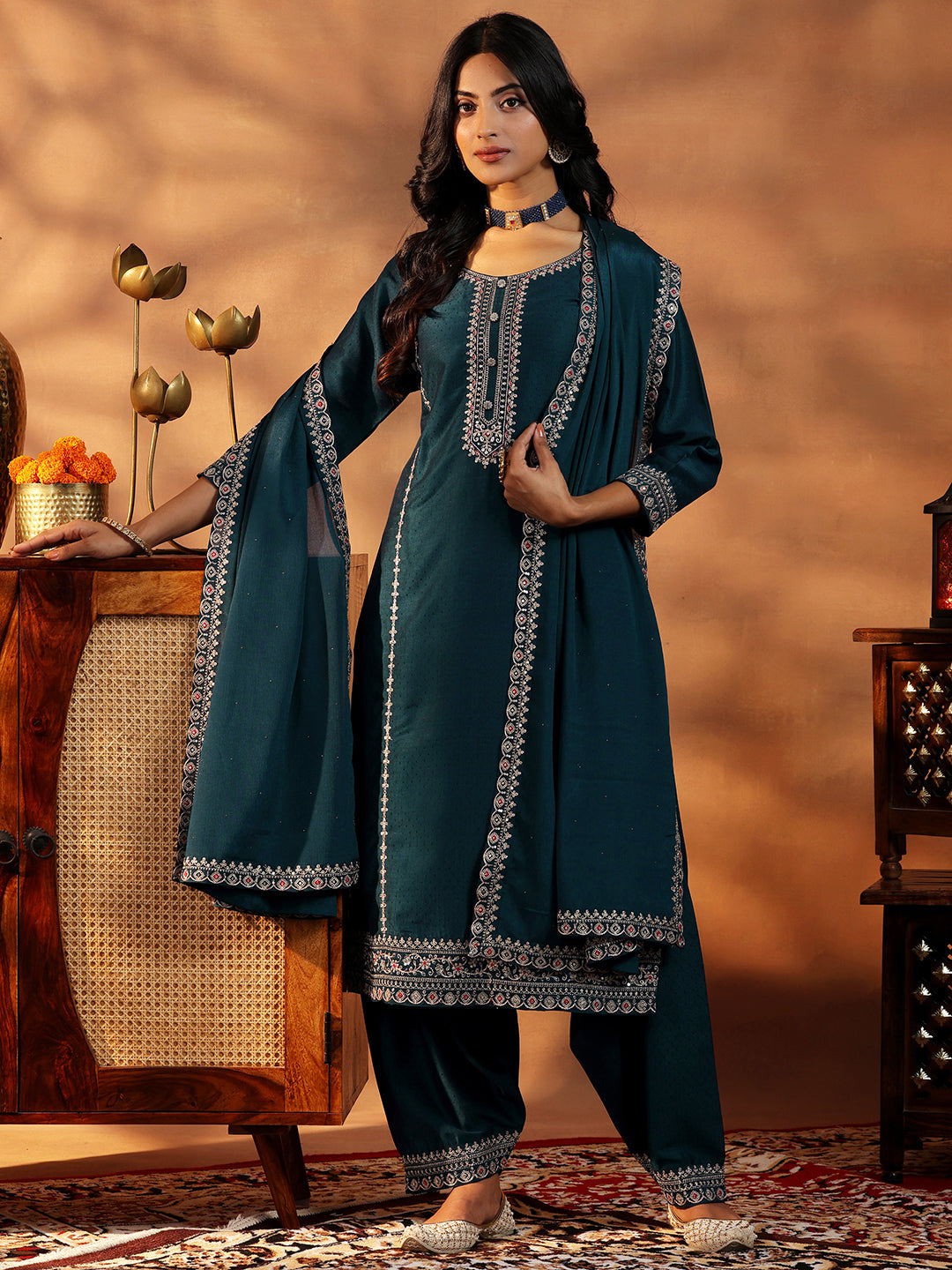 Teal Embroidered Silk Blend Straight Suit With Dupatta