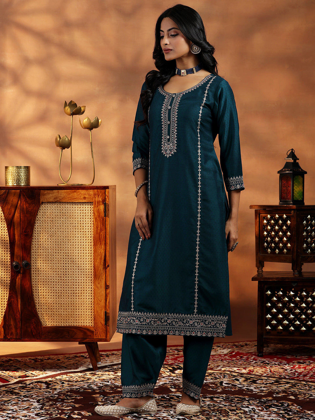 Teal Embroidered Silk Blend Straight Suit With Dupatta