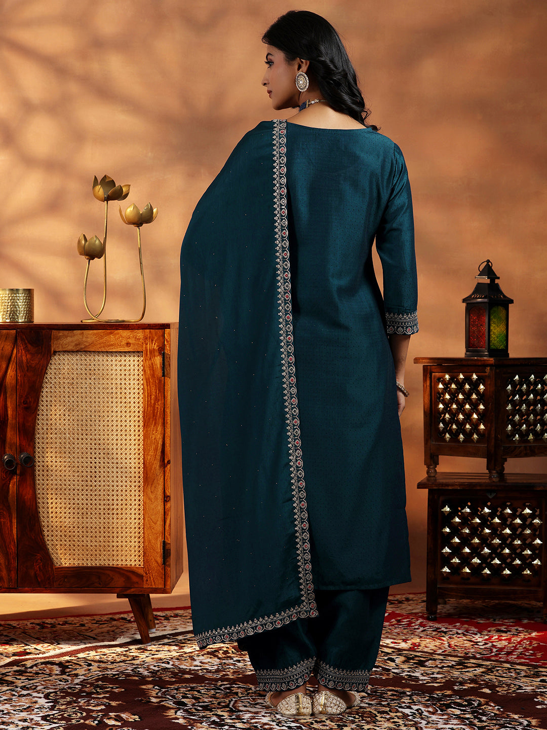 Teal Embroidered Silk Blend Straight Suit With Dupatta