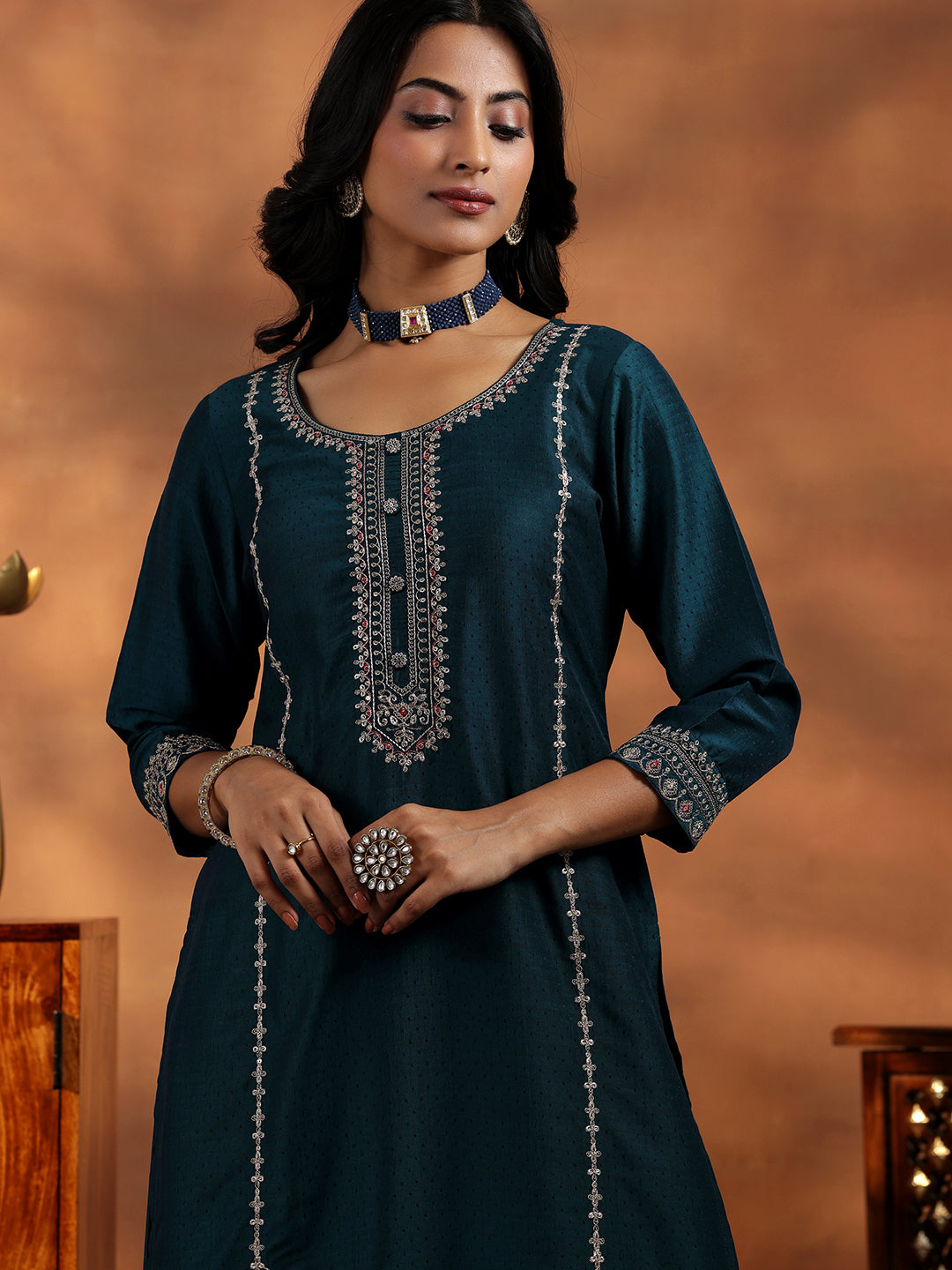 Teal Embroidered Silk Blend Straight Suit With Dupatta