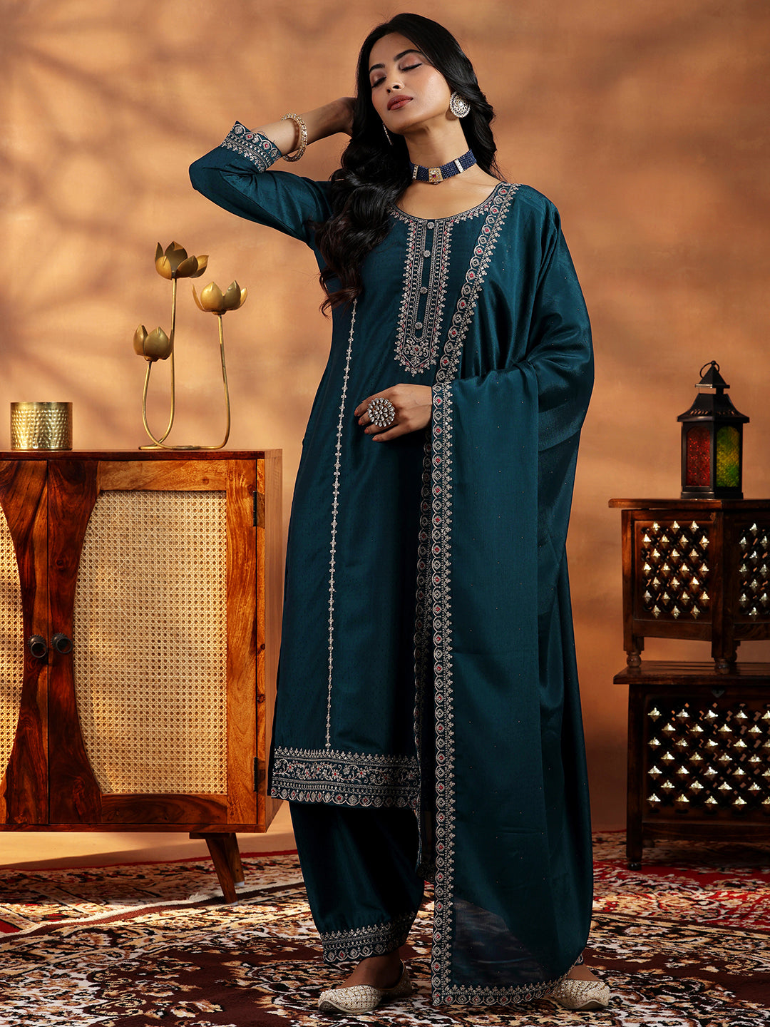 Teal Embroidered Silk Blend Straight Suit With Dupatta