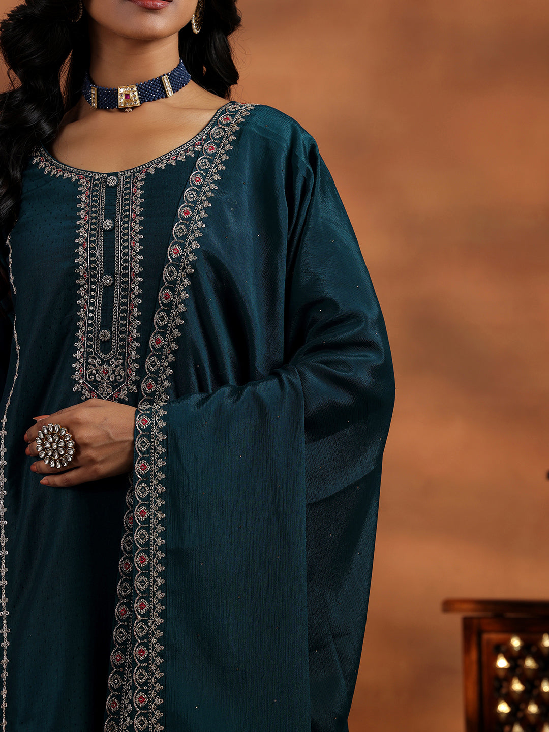 Teal Embroidered Silk Blend Straight Suit With Dupatta