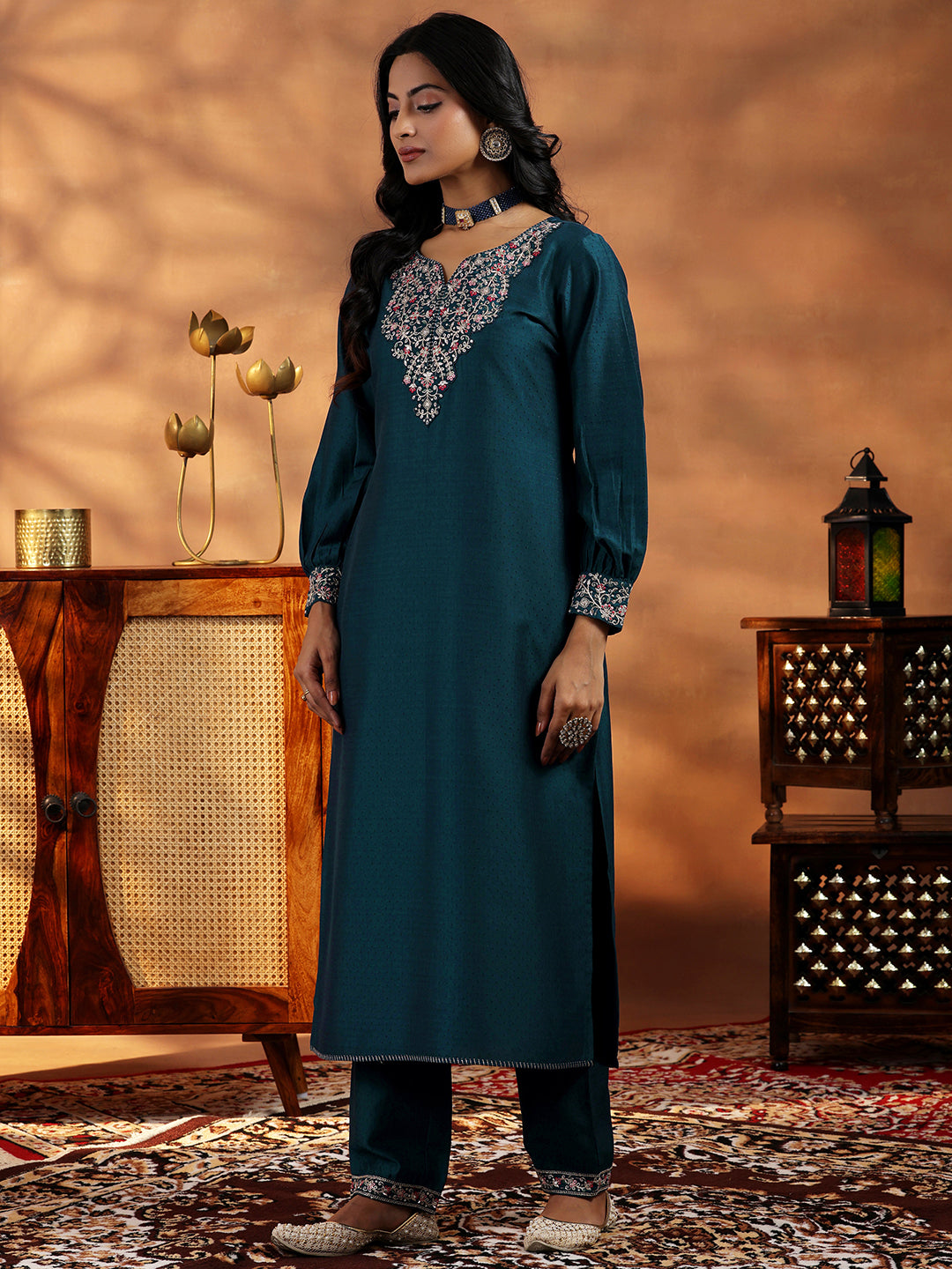 Teal Yoke Design Silk Blend Straight Suit With Dupatta