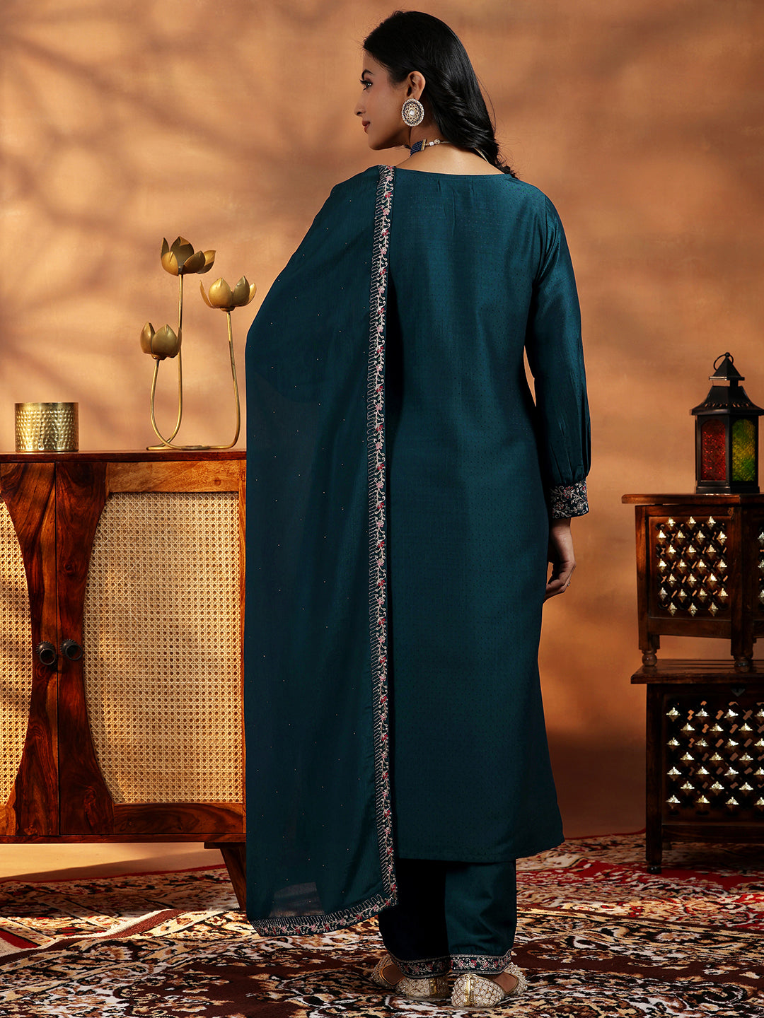 Teal Yoke Design Silk Blend Straight Suit With Dupatta