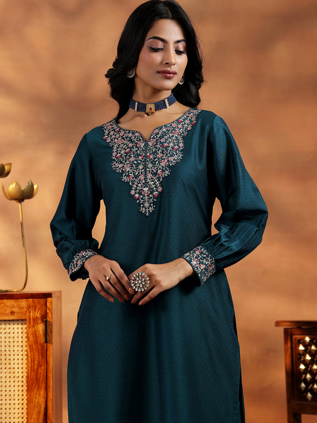 Teal Yoke Design Silk Blend Straight Suit With Dupatta