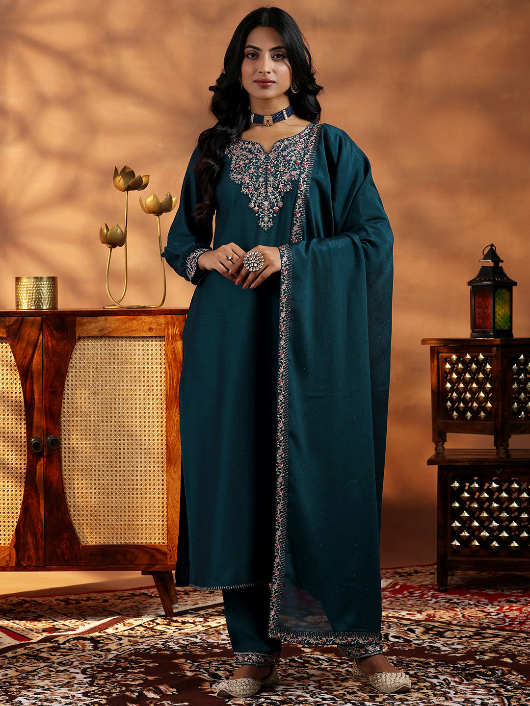 Teal Yoke Design Silk Blend Straight Suit With Dupatta