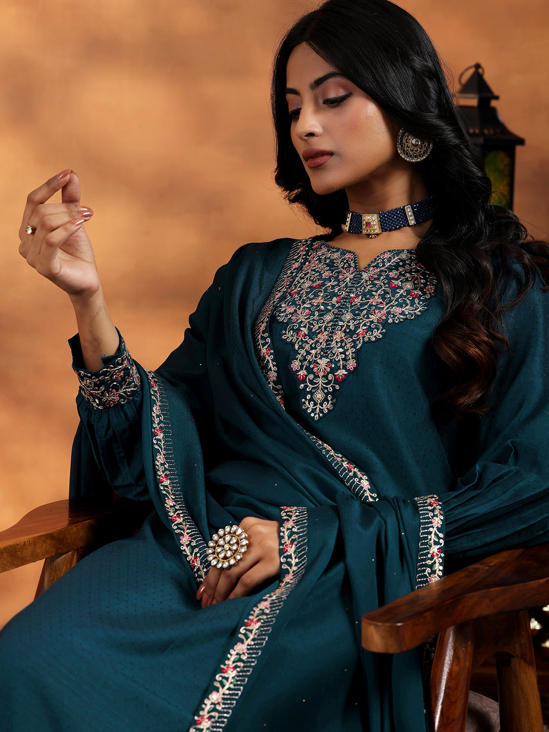 Teal Yoke Design Silk Blend Straight Suit With Dupatta