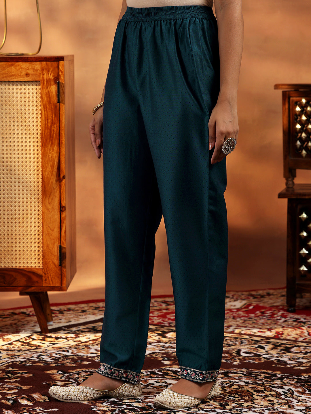 Teal Yoke Design Silk Blend Straight Suit With Dupatta