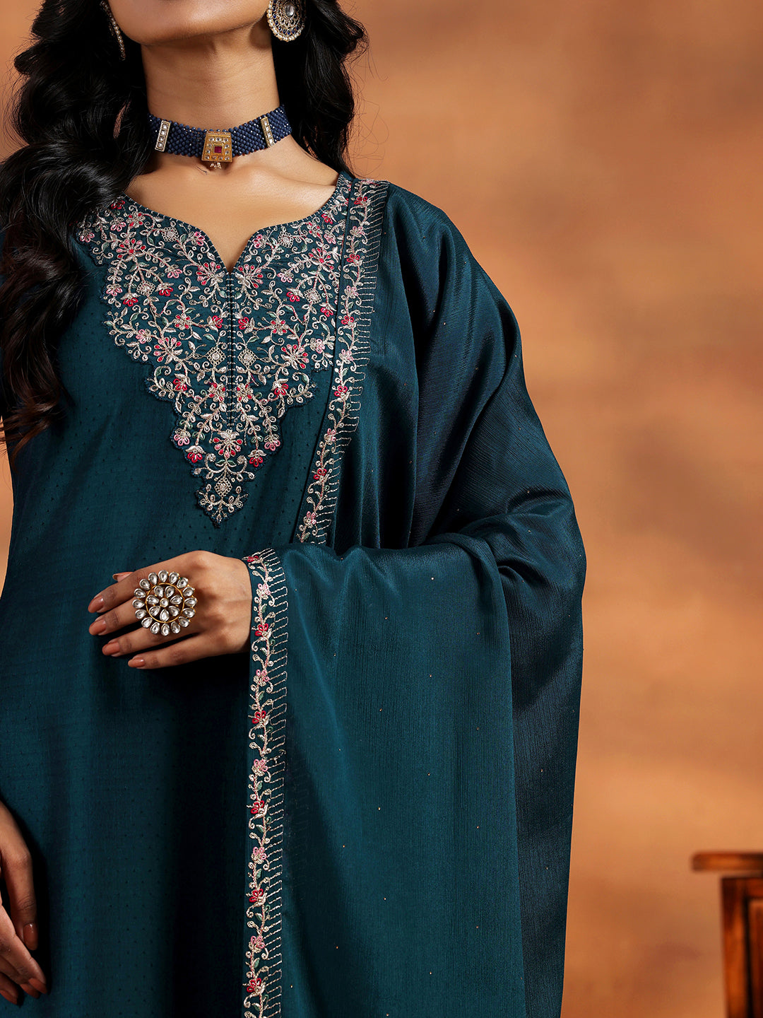 Teal Yoke Design Silk Blend Straight Suit With Dupatta