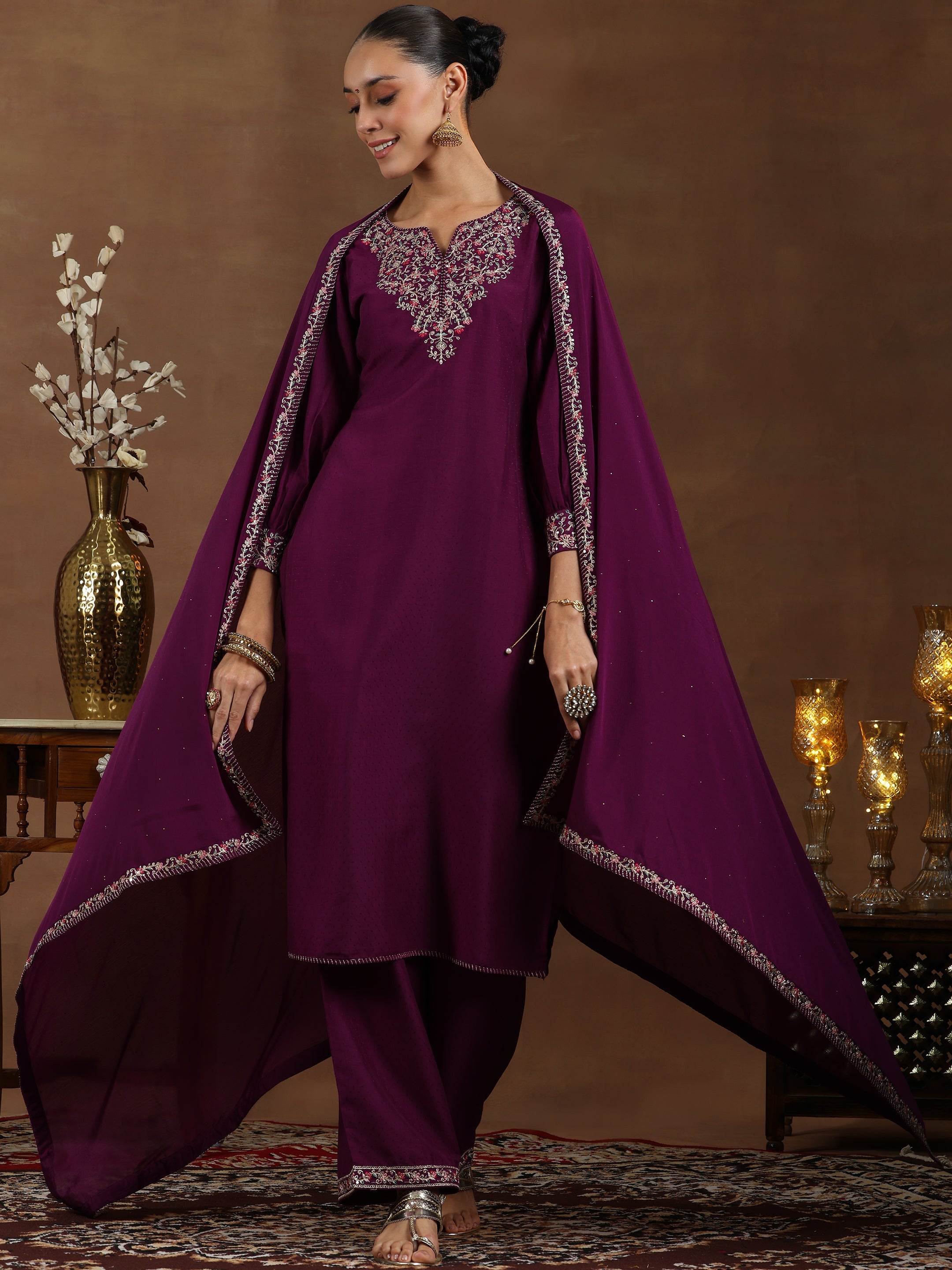 Wine Yoke Design Silk Blend Straight Suit With Dupatta