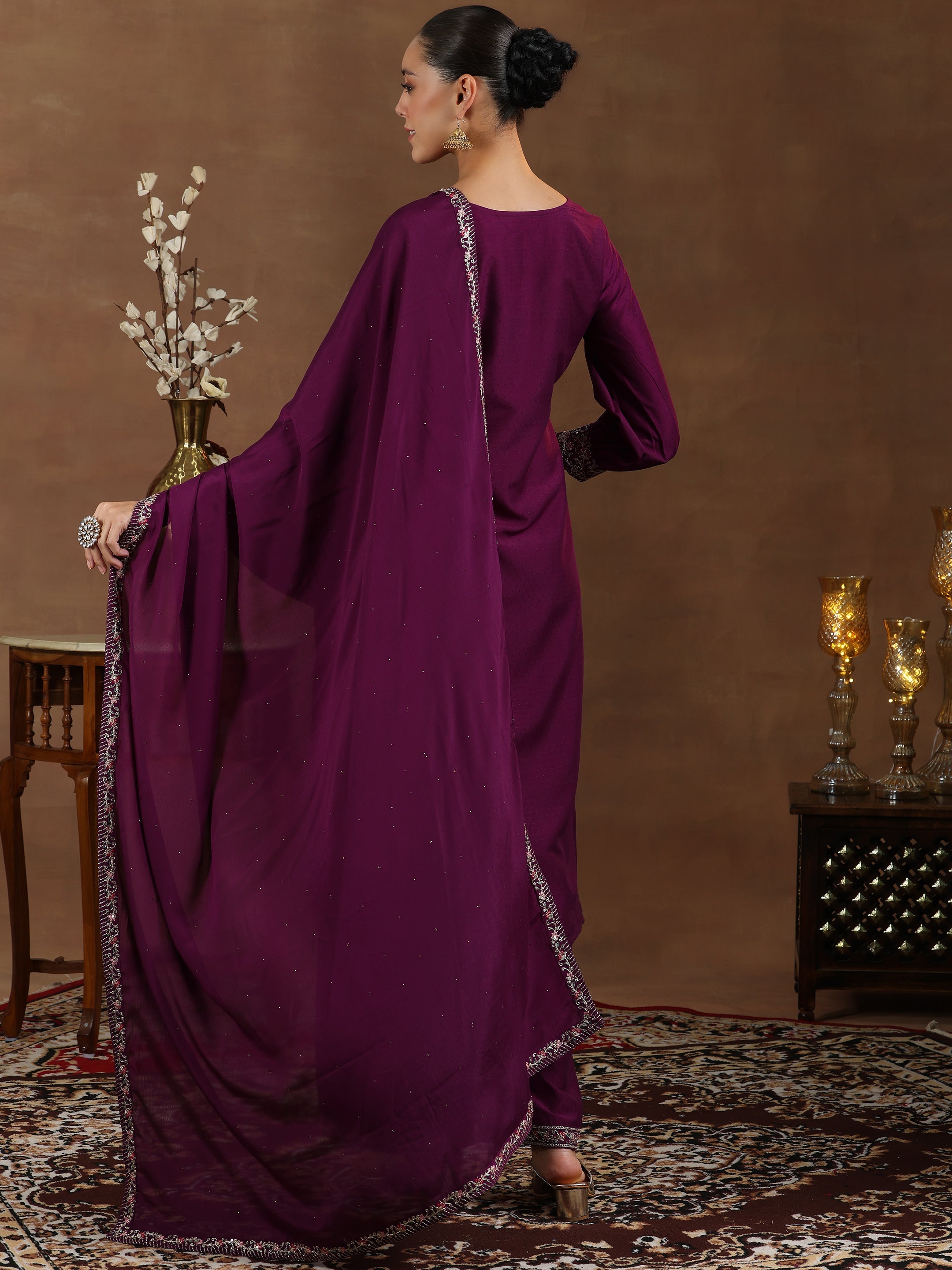 Wine Yoke Design Silk Blend Straight Suit With Dupatta