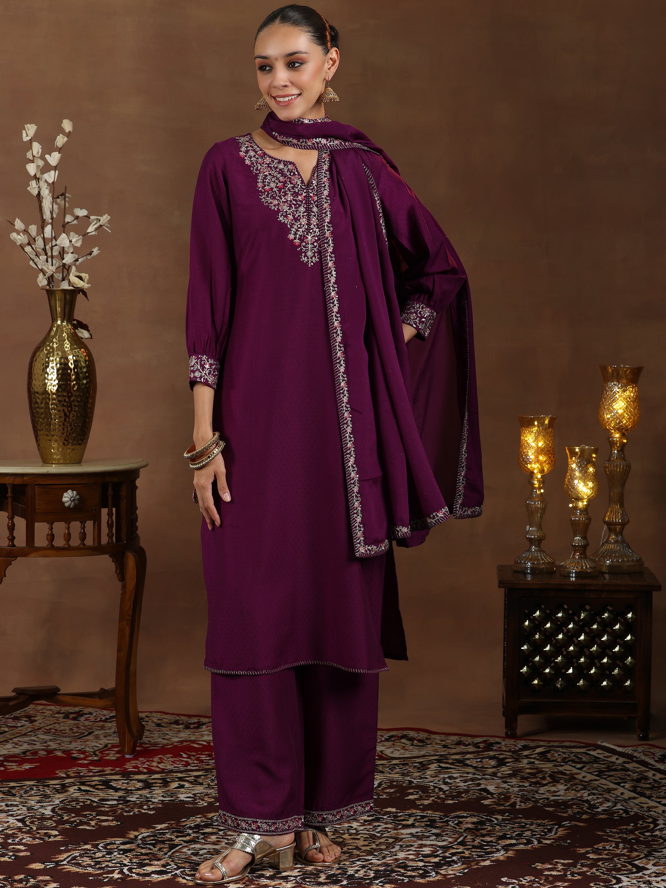 Wine Yoke Design Silk Blend Straight Suit With Dupatta