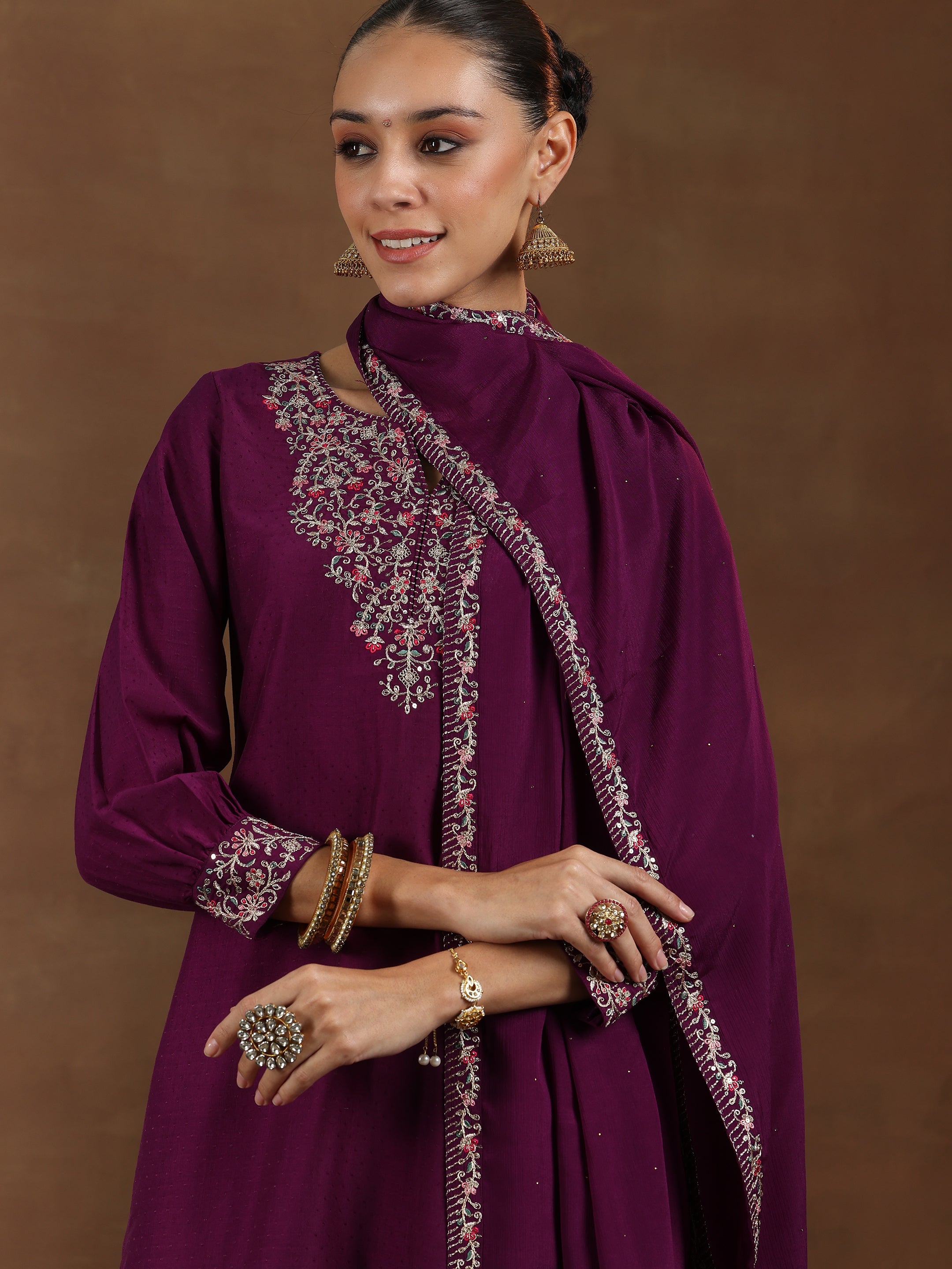 Wine Yoke Design Silk Blend Straight Suit With Dupatta