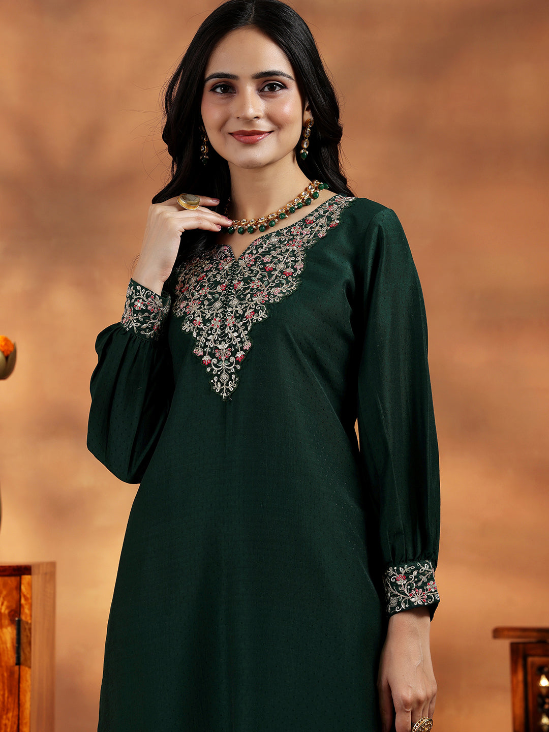 Green Yoke Design Silk Blend Straight Suit With Dupatta