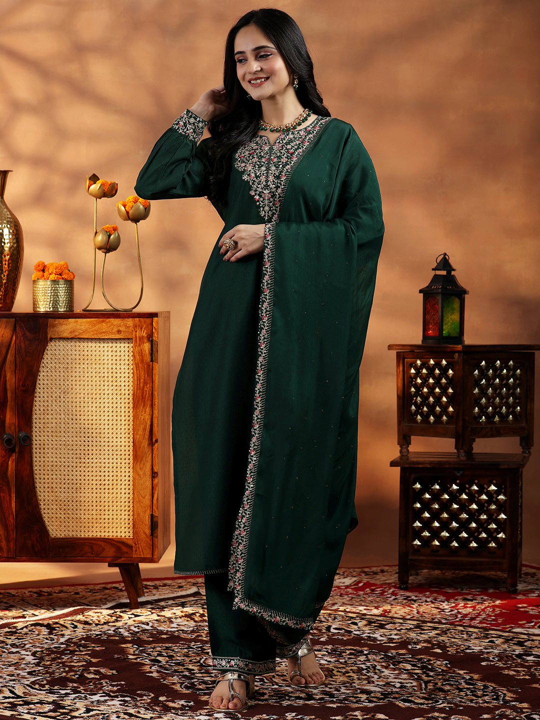 Green Yoke Design Silk Blend Straight Suit With Dupatta