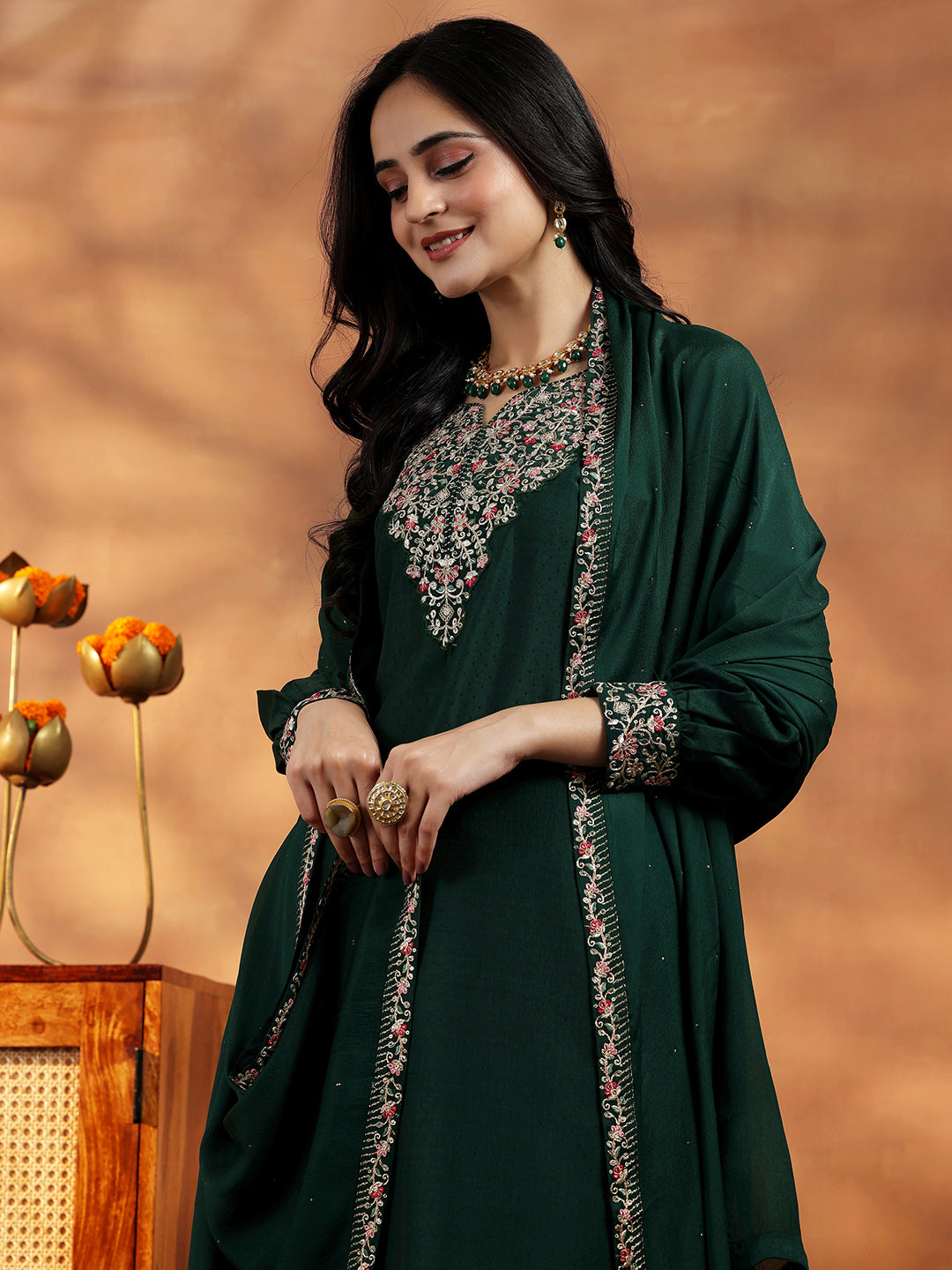 Green Yoke Design Silk Blend Straight Suit With Dupatta