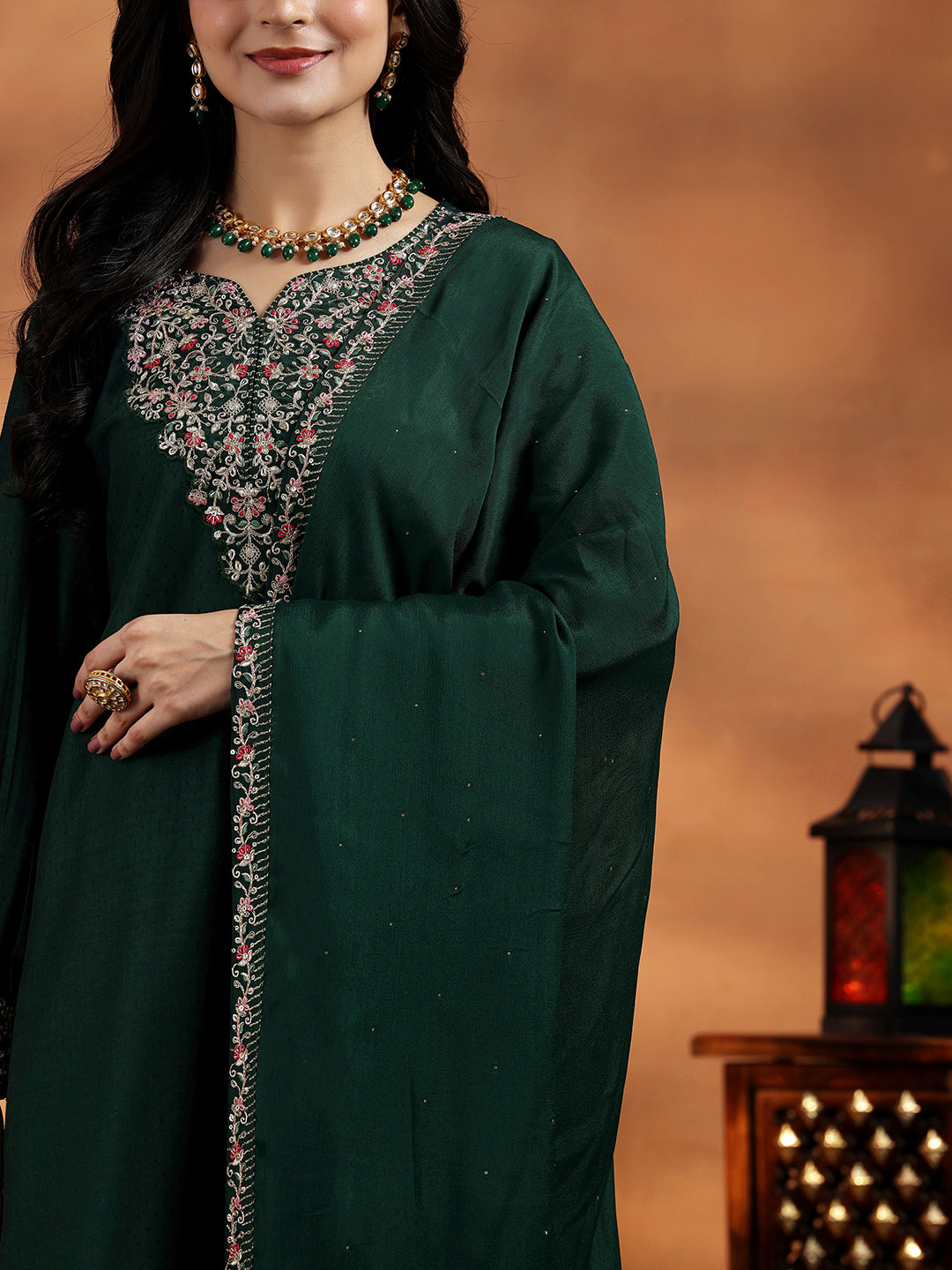 Green Yoke Design Silk Blend Straight Suit With Dupatta