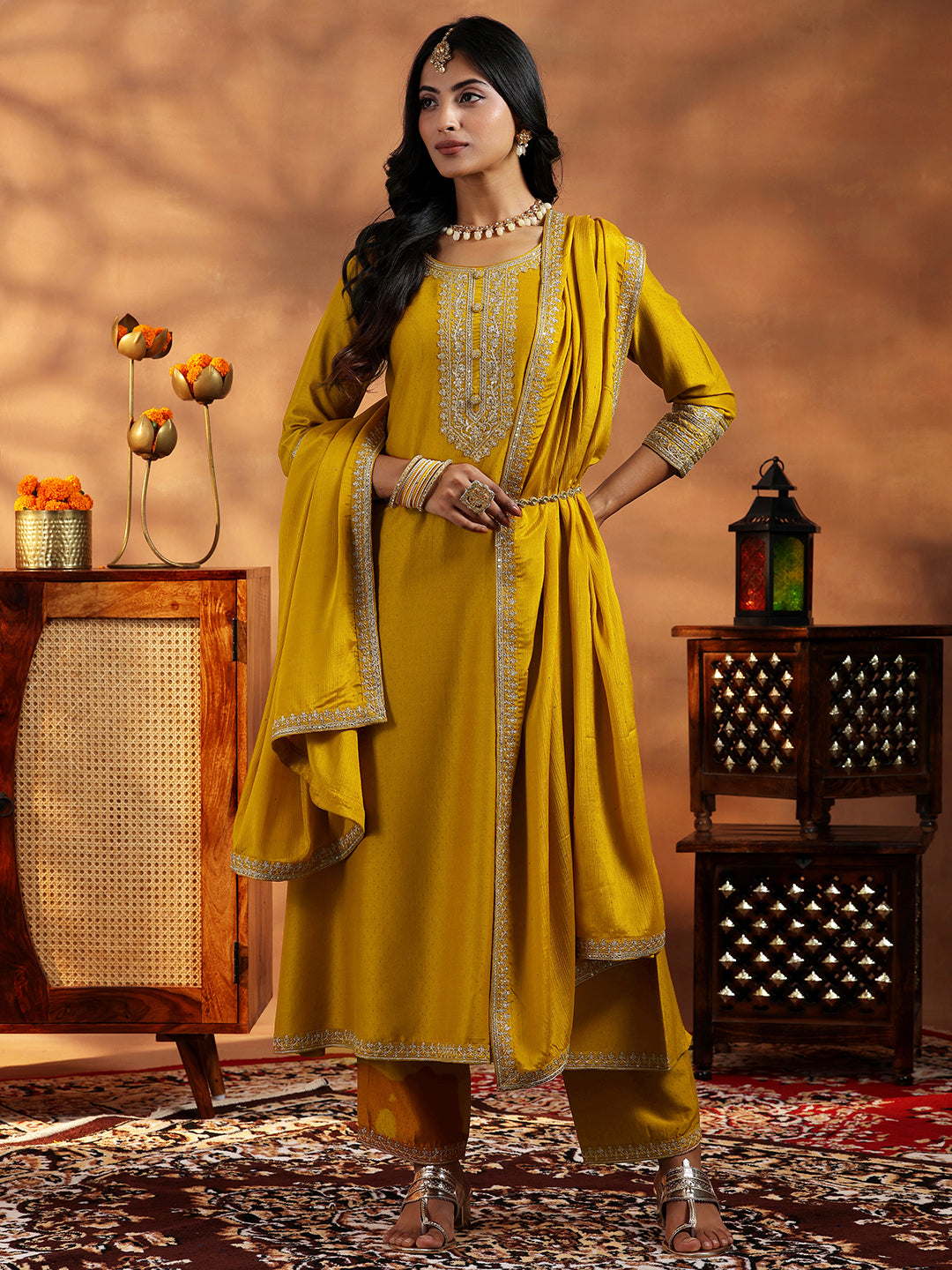 Mustard Yoke Design Silk Blend A-Line Kurta With Trousers & Dupatta