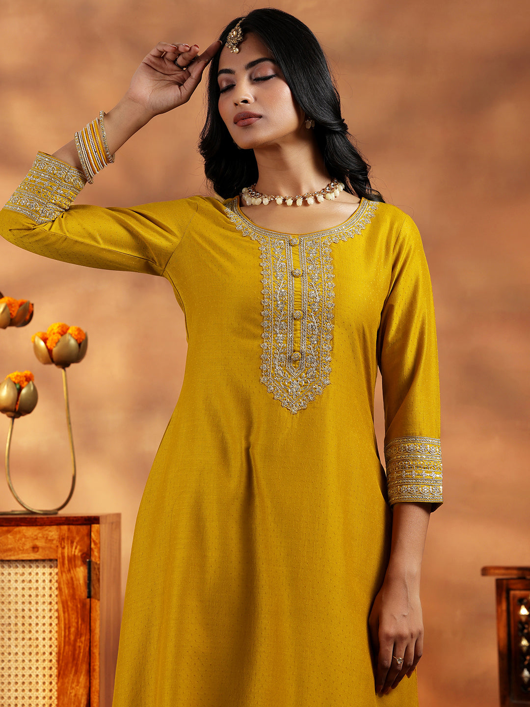 Mustard Yoke Design Silk Blend A-Line Kurta With Trousers & Dupatta