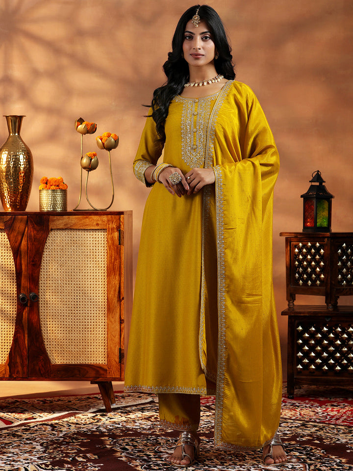 Mustard Yoke Design Silk Blend A-Line Kurta With Trousers & Dupatta