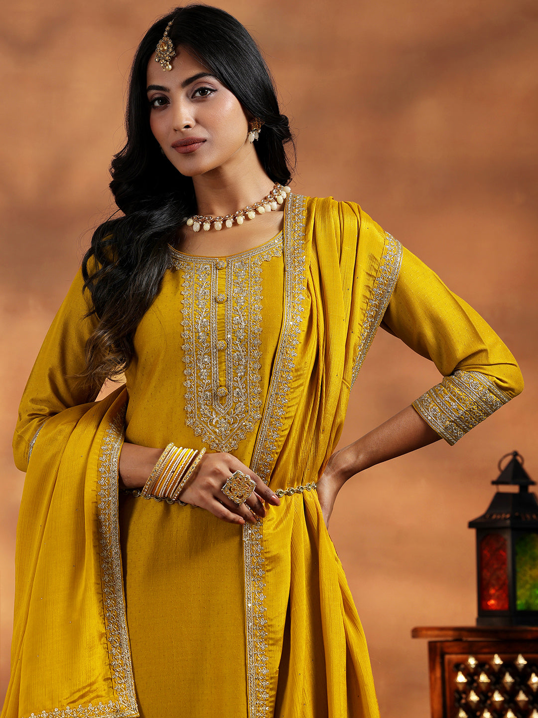 Mustard Yoke Design Silk Blend A-Line Kurta With Trousers & Dupatta