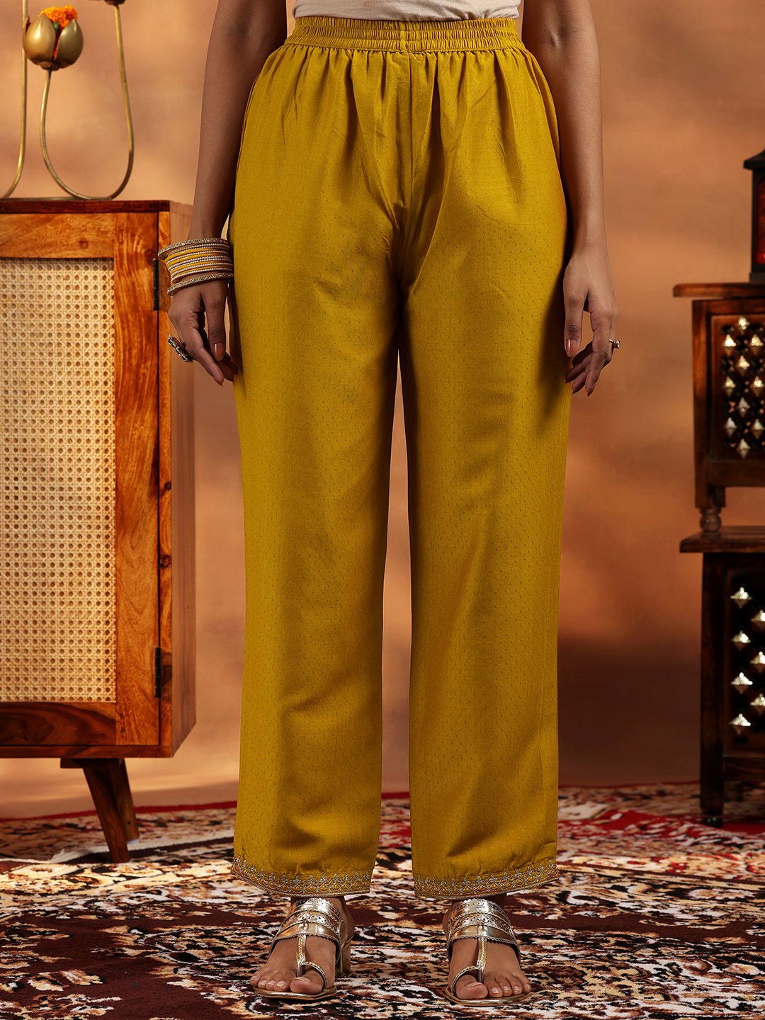 Mustard Yoke Design Silk Blend A-Line Kurta With Trousers & Dupatta