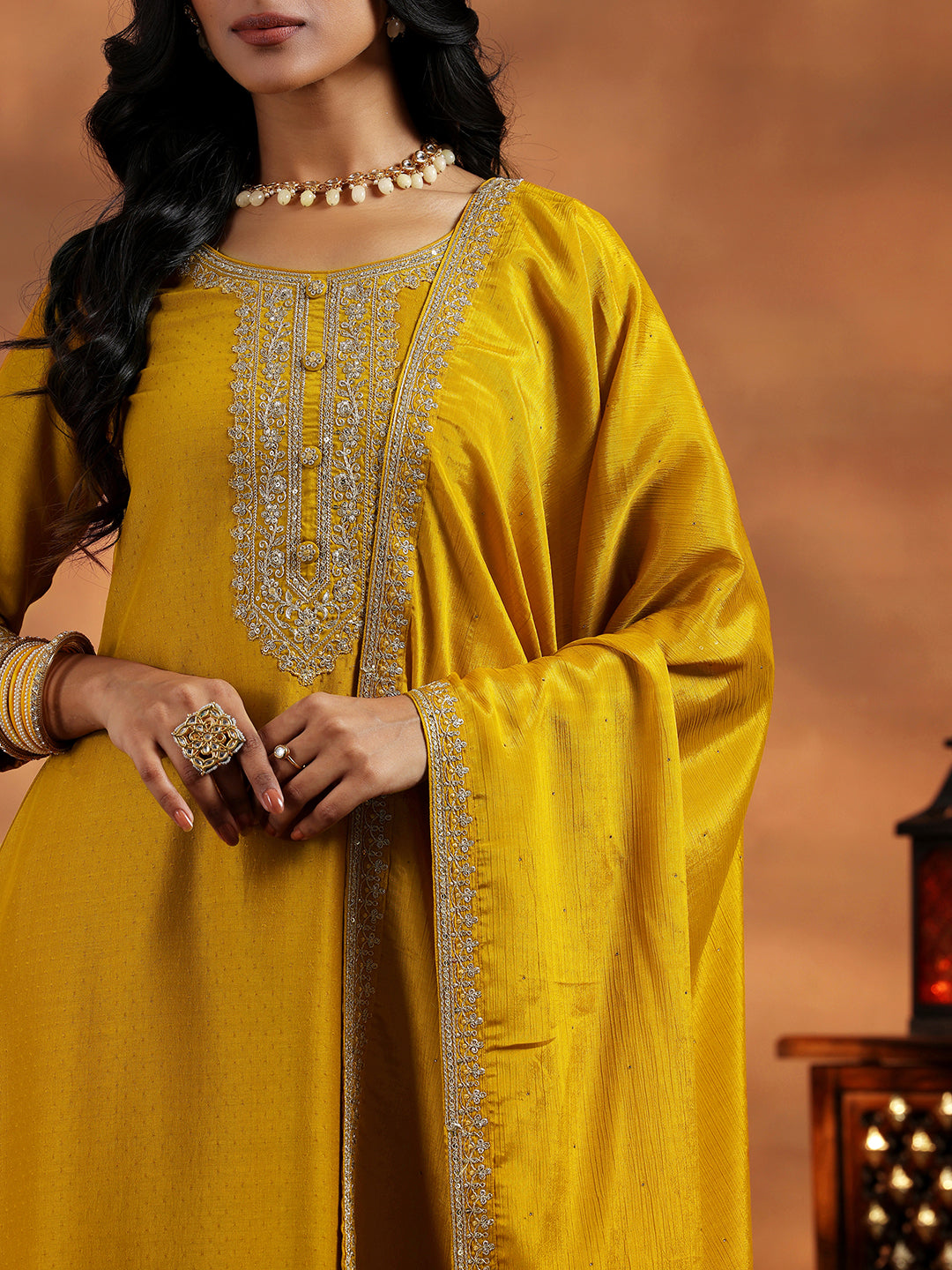 Mustard Yoke Design Silk Blend A-Line Kurta With Trousers & Dupatta