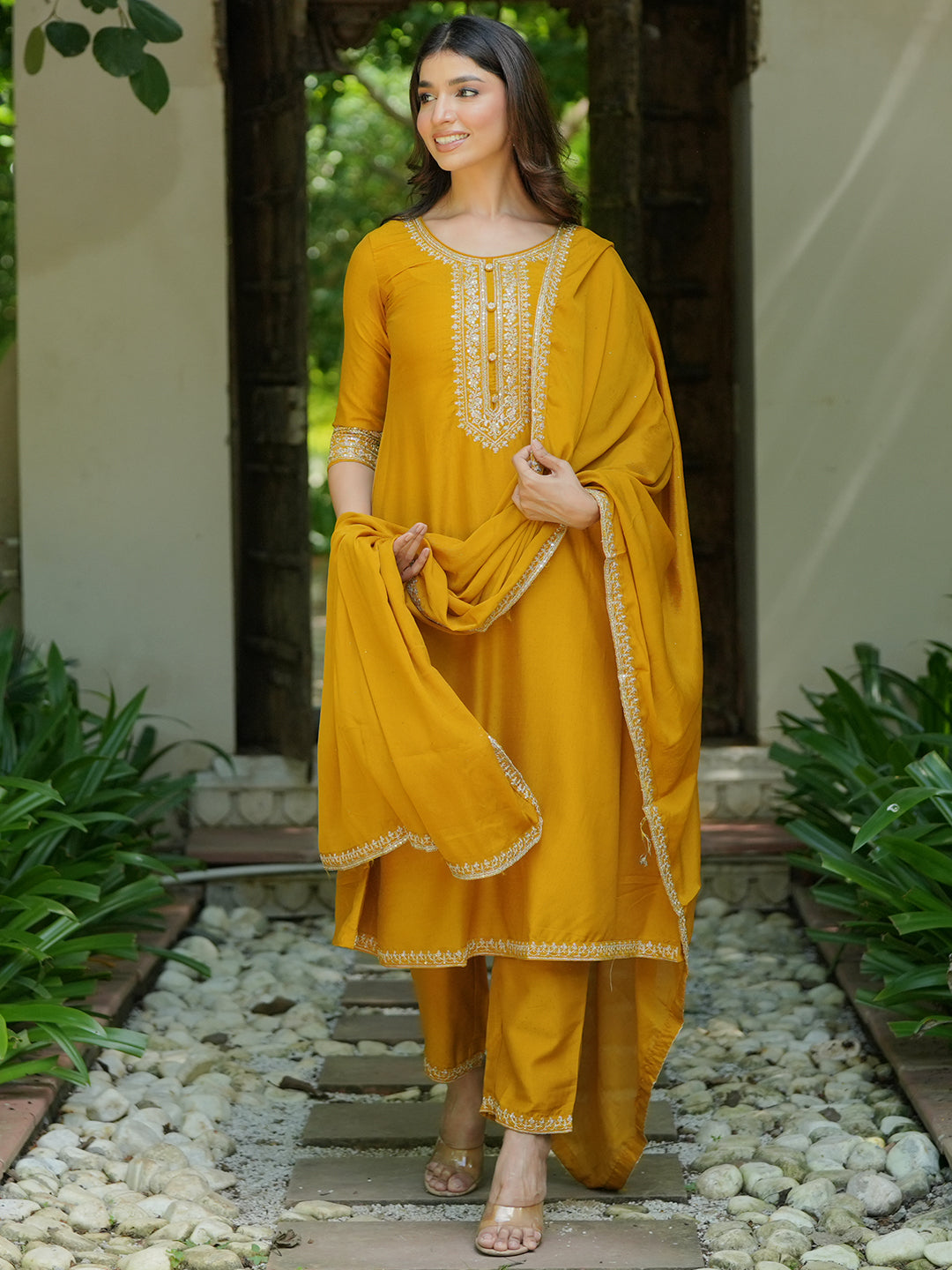 Mustard Yoke Design Silk Blend A-Line Kurta With Trousers & Dupatta