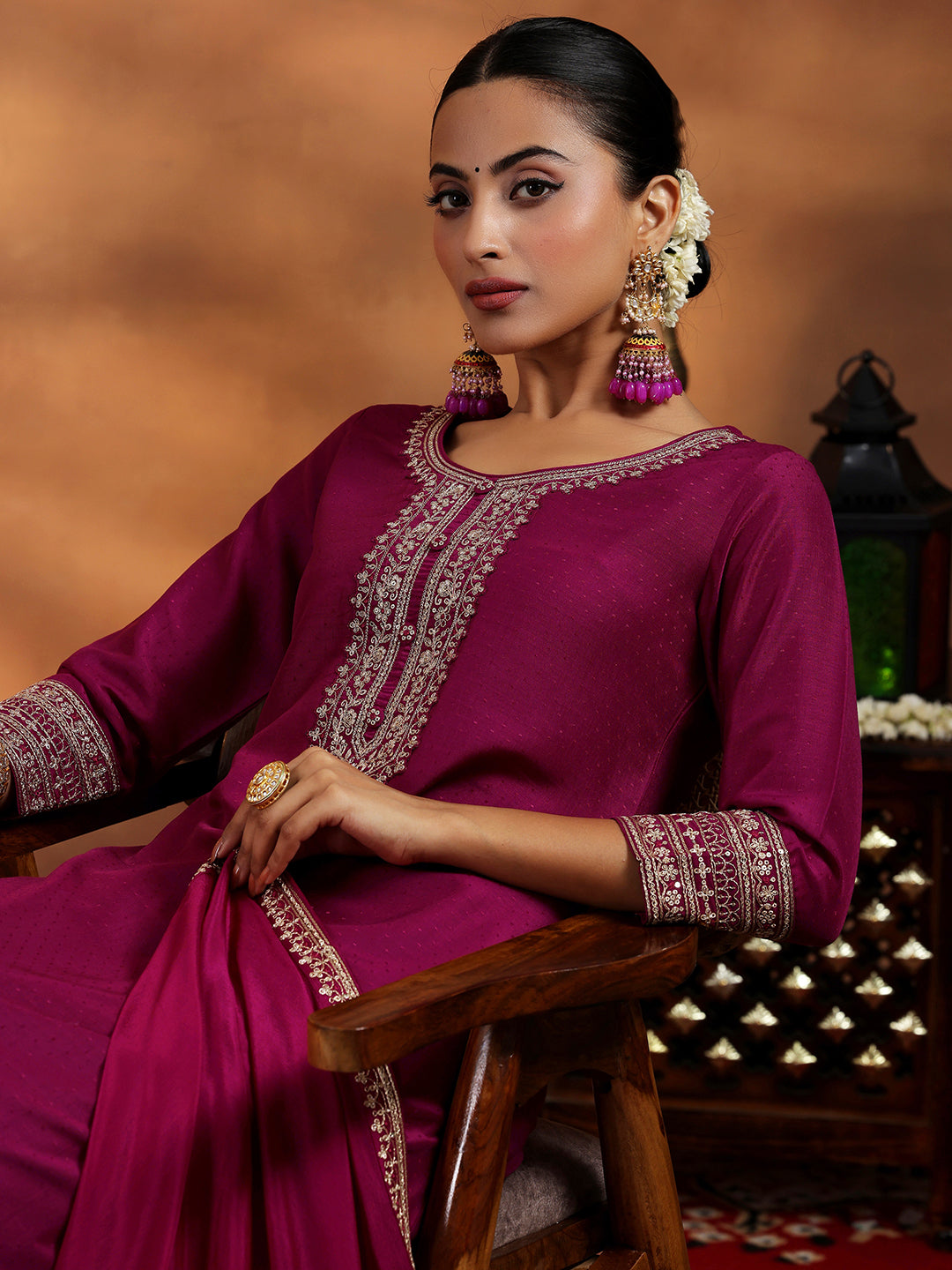 Maroon Yoke Design Silk Blend A-Line Kurta With Trousers & Dupatta