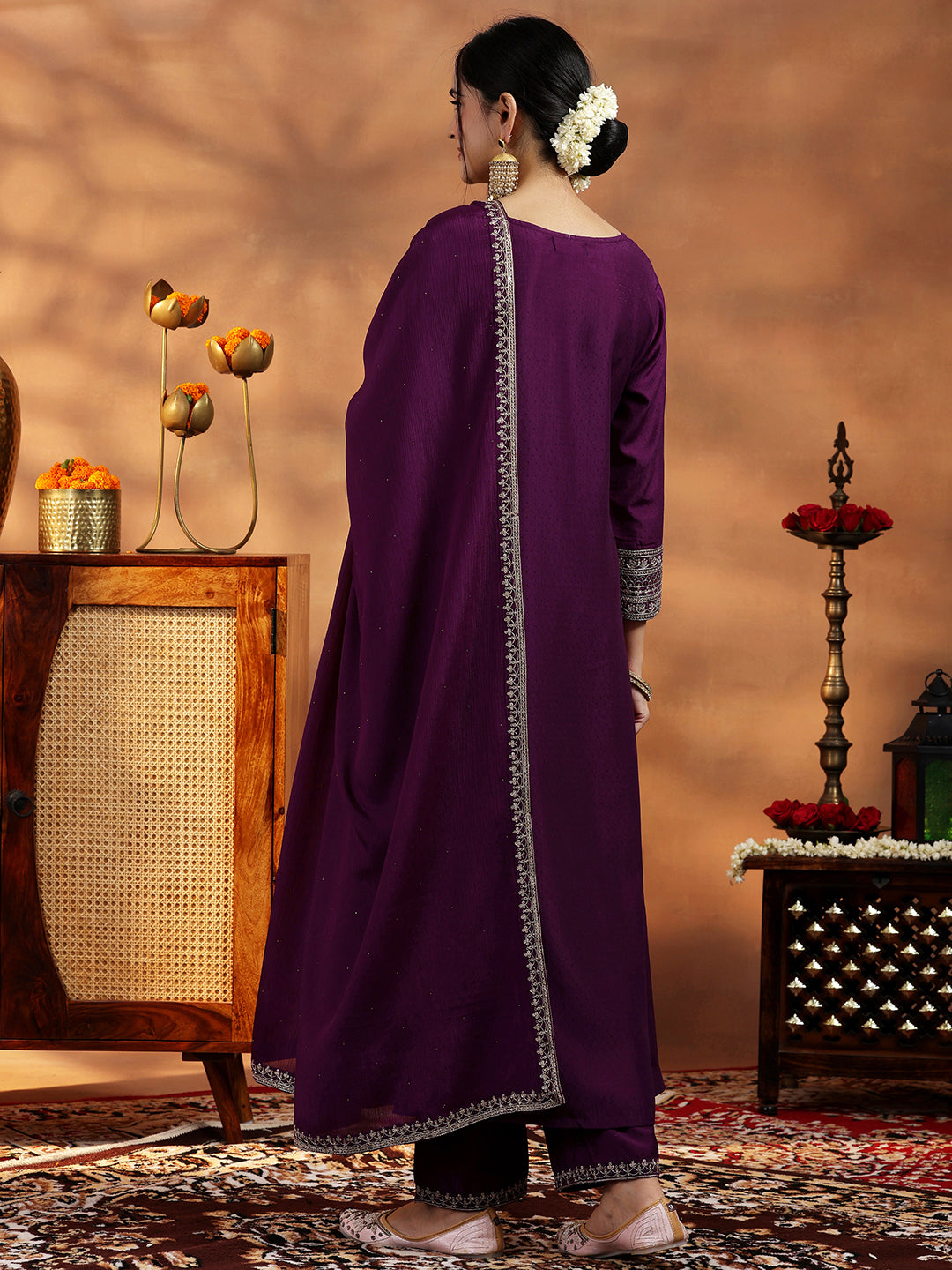 Wine Yoke Design Silk Blend A-Line Kurta With Trousers & Dupatta